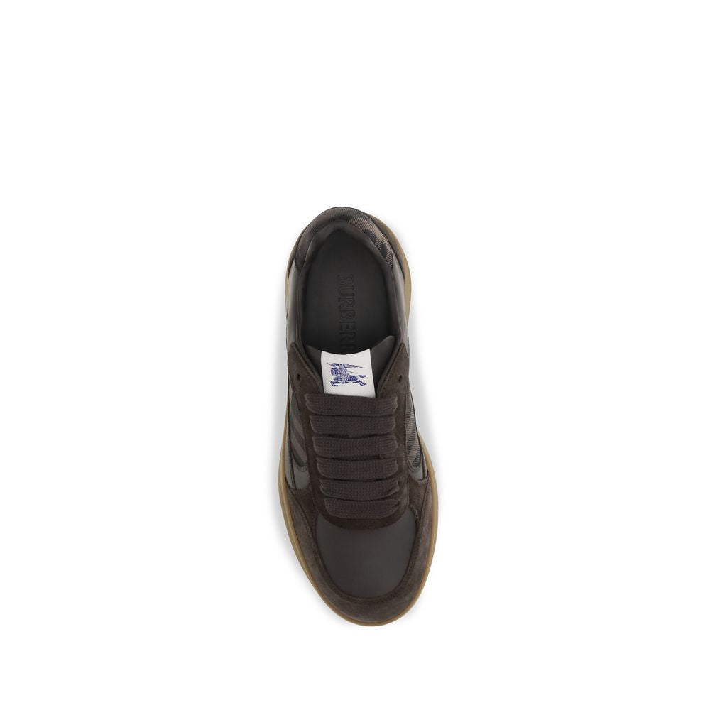 Elevate your style with Burberry's Terrace Check leather and suede sneakers, a perfect blend of sporty elegance and refined craftsmanship for the discerning individual.