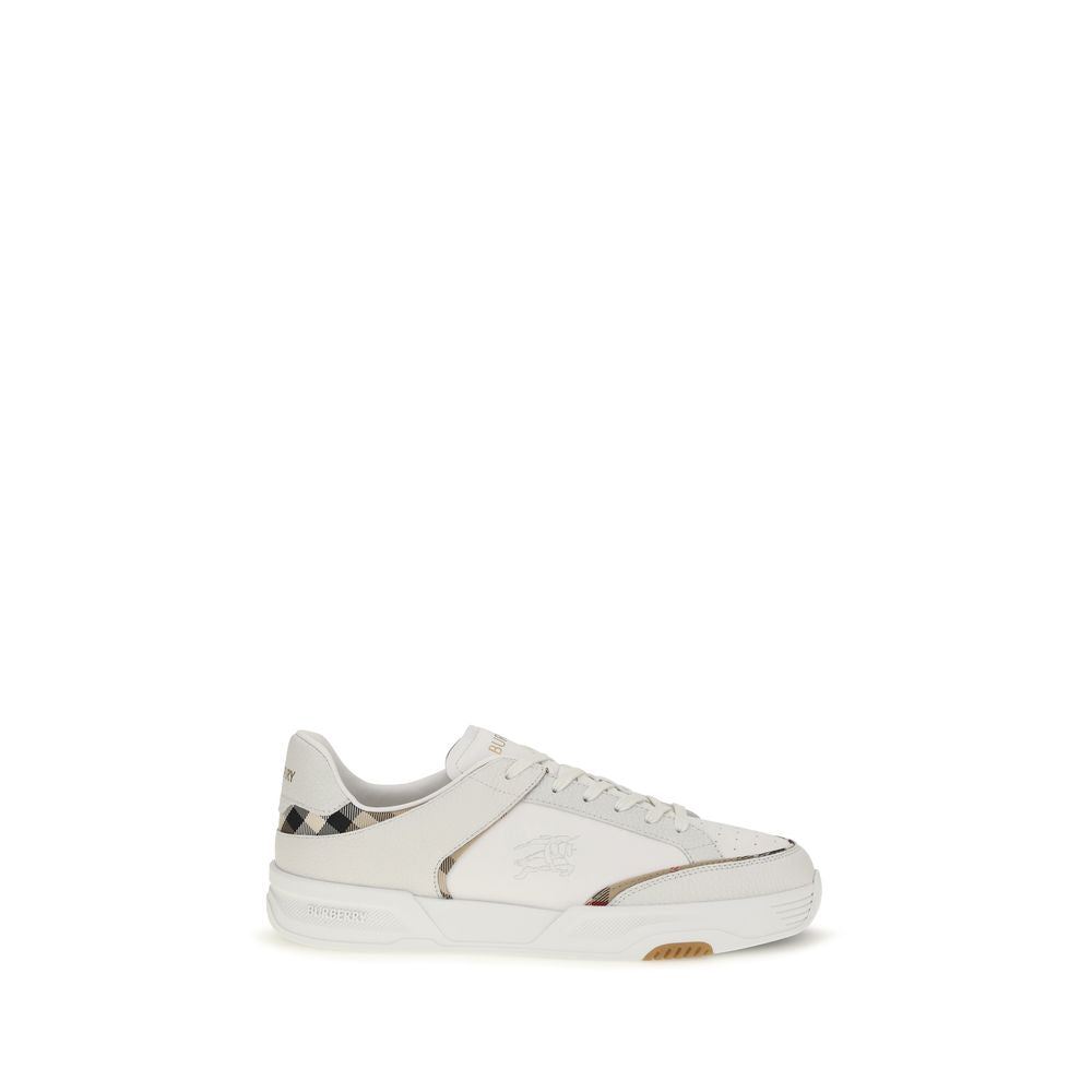 Elevate your style with Burberry's White Calf Leather Bos Taurus Low Top Sneakers, where exquisite craftsmanship meets timeless elegance for the discerning individual.