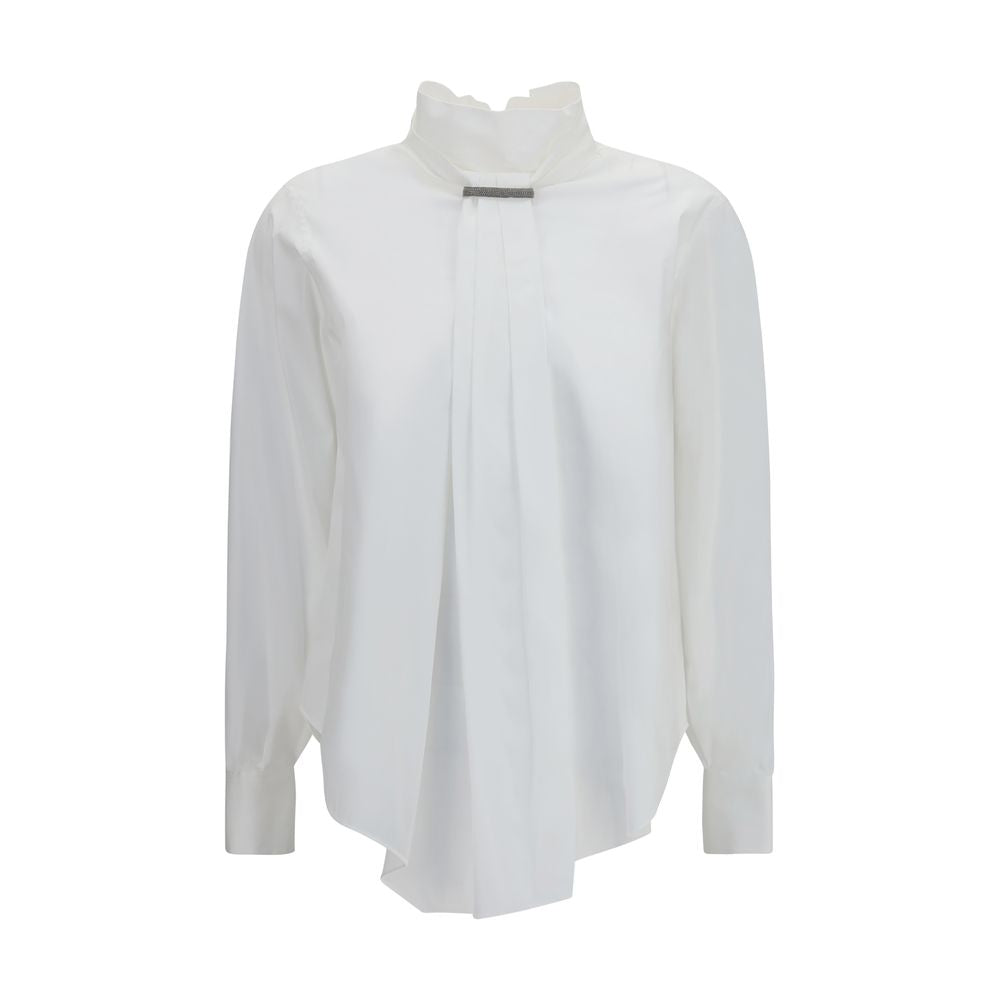 Discover the exquisite Brunello Cucinelli White Cotton Blouse, a masterpiece of craftsmanship featuring Monili decoration, pleated details, and a refined silhouette.
