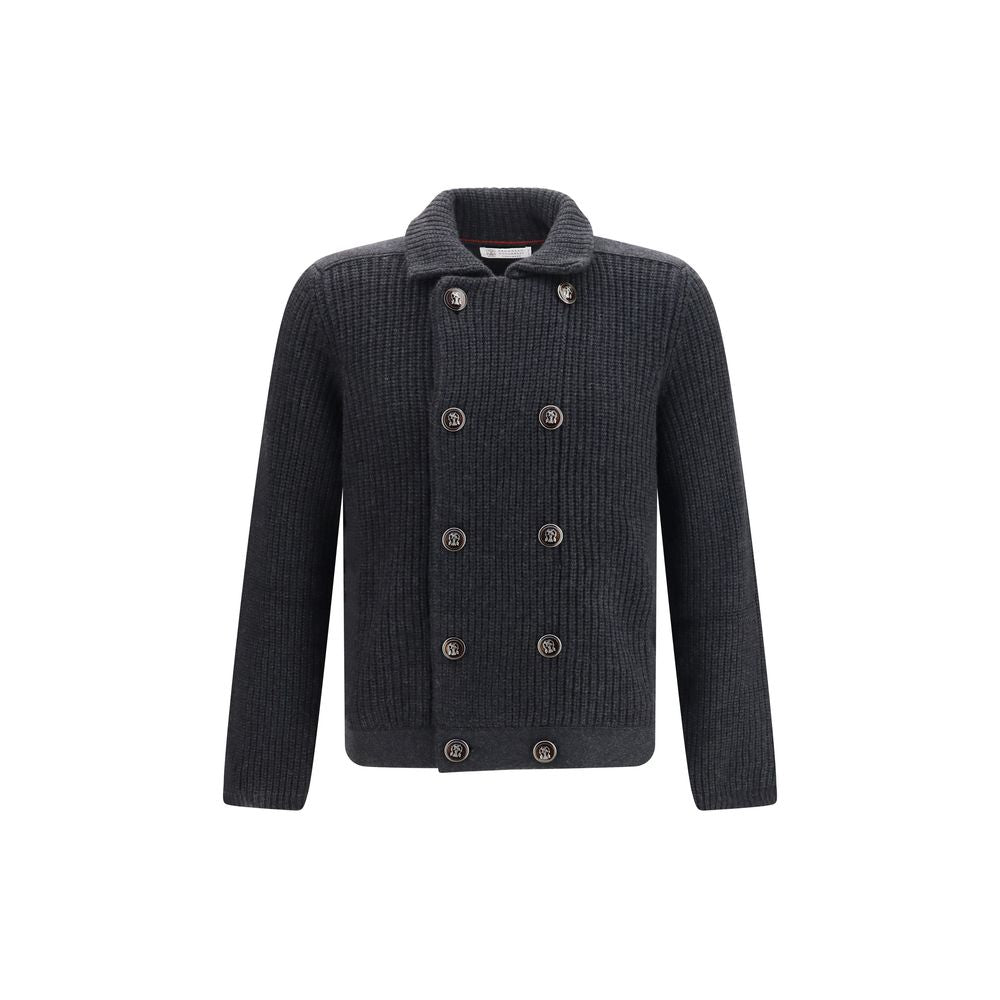 Indulge in the refined elegance of the Brunello Cucinelli Gray Cashmere Cardigan, crafted from luxurious 100% cashmere, perfect for the discerning individual seeking timeless sophistication.