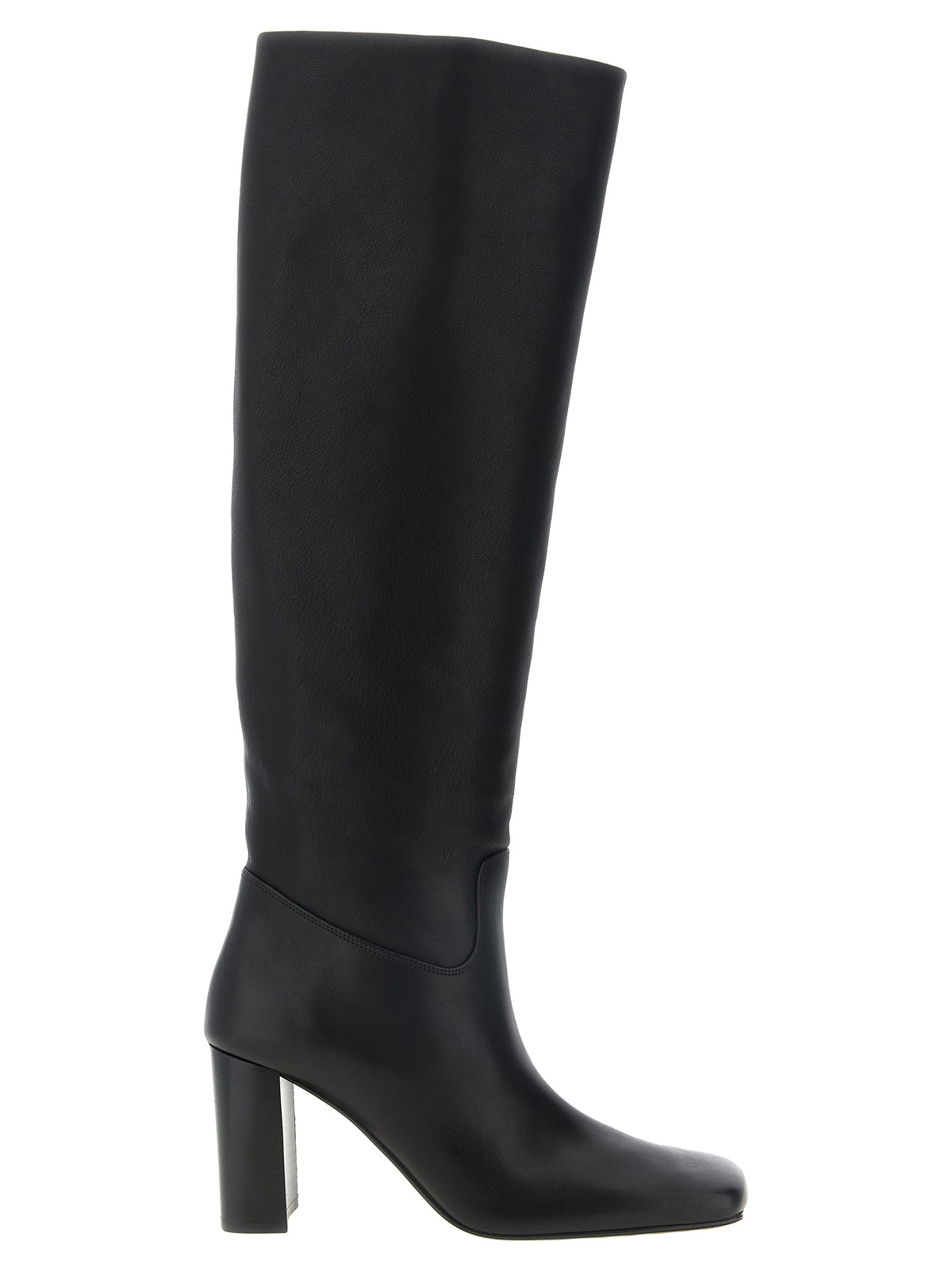 Discover the Khaite Black Calfskin Over The Knee boot, a masterpiece of sartorial precision crafted from luxurious calf leather, perfect for elevating any ensemble.