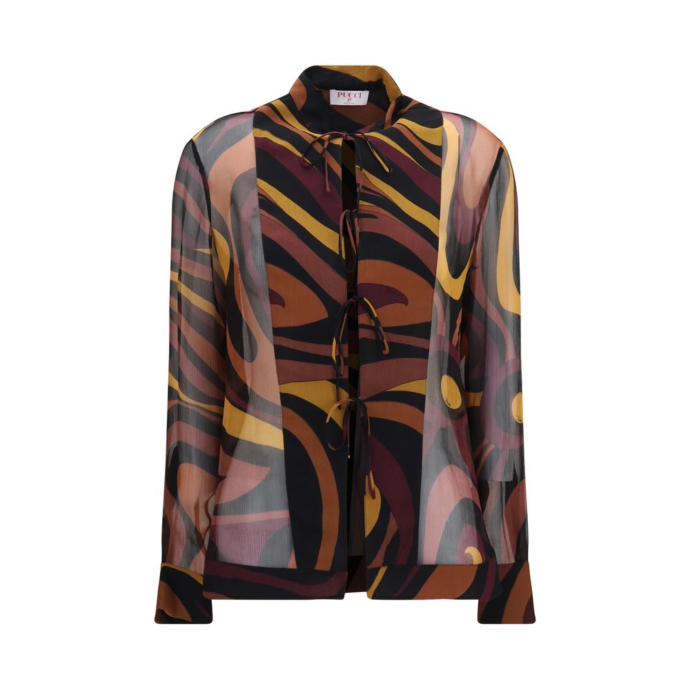 Indulge in the Emilio Pucci Multicolor Silk Pattern Shirt, a masterpiece of fluid silk creponne, embodying elegance and sophistication for the discerning connoisseur.