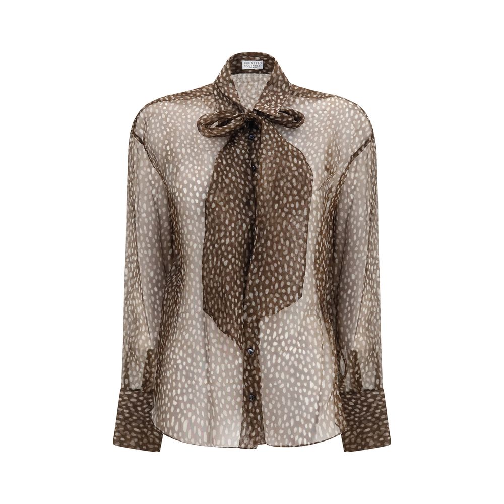 Indulge in the exquisite allure of the Brunello Cucinelli Brown Silk Pattern Shirt, a masterpiece of silk organza, embodying refined elegance and timeless sophistication.