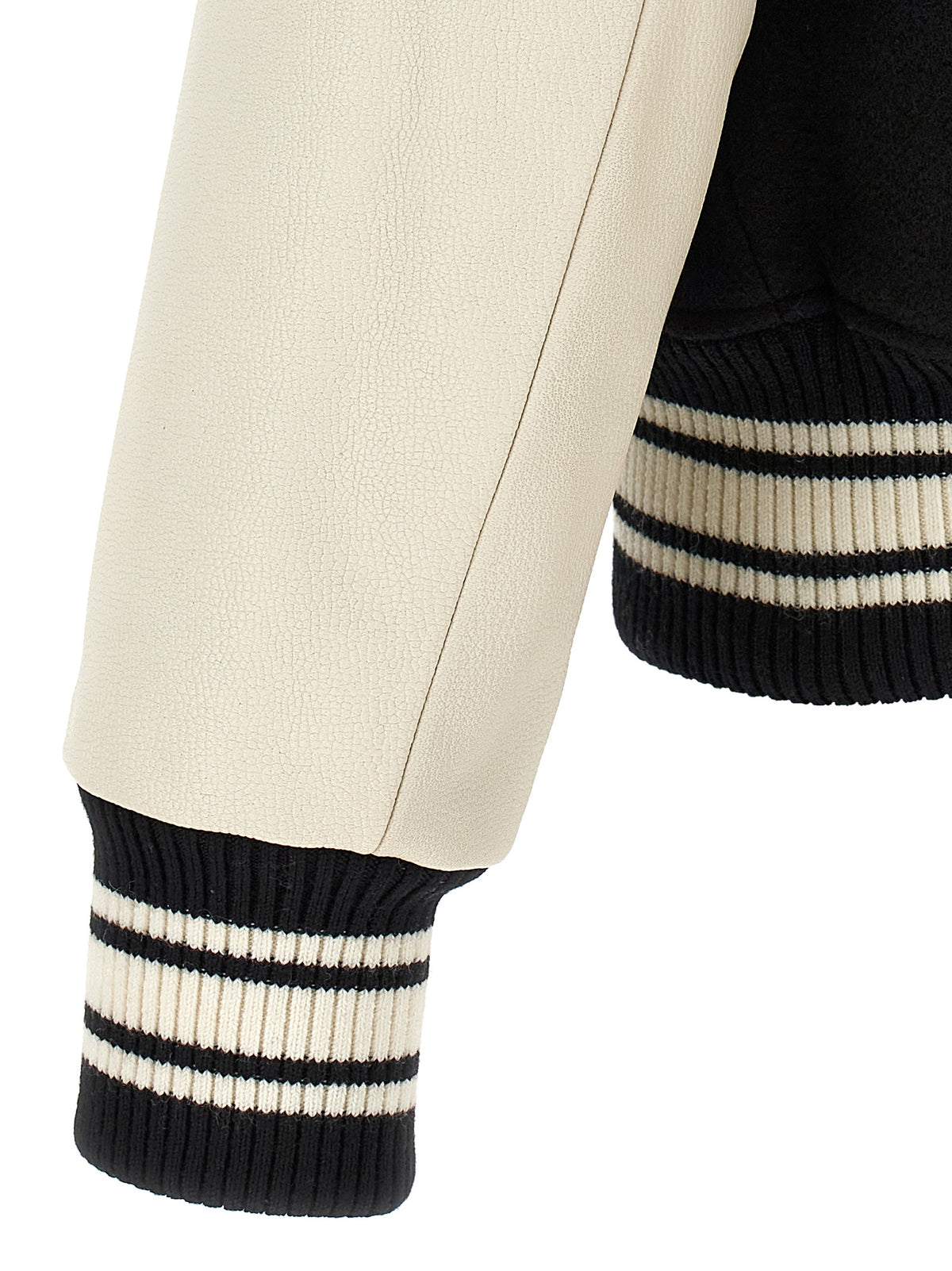 Discover the AMI PARIS Bicolor Virgin Wool Bomber, a fusion of luxurious black boiled wool and cream leather, designed for those who embrace timeless elegance and bold style.