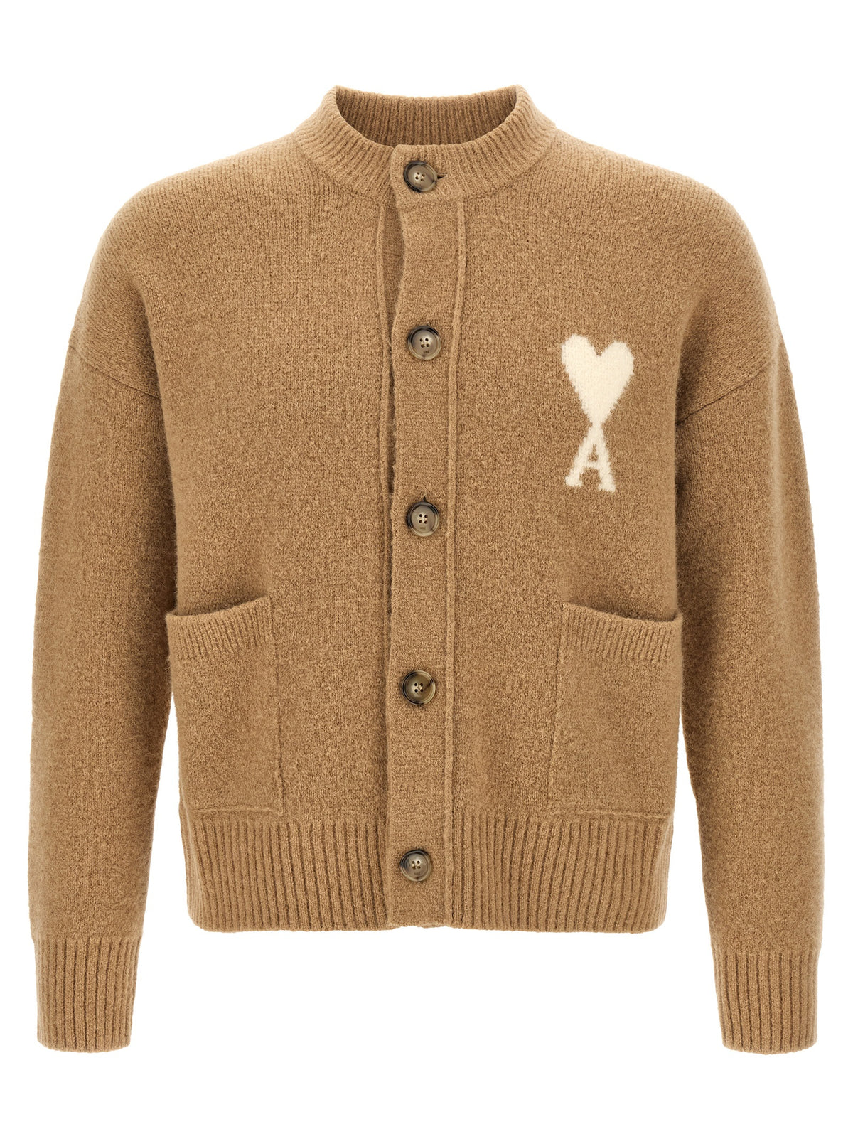 Indulge in the exquisite AMI Paris Beige Alpaca Leather Cardigan, a blend of luxurious alpaca and wool, designed for those who appreciate true sophistication and style.