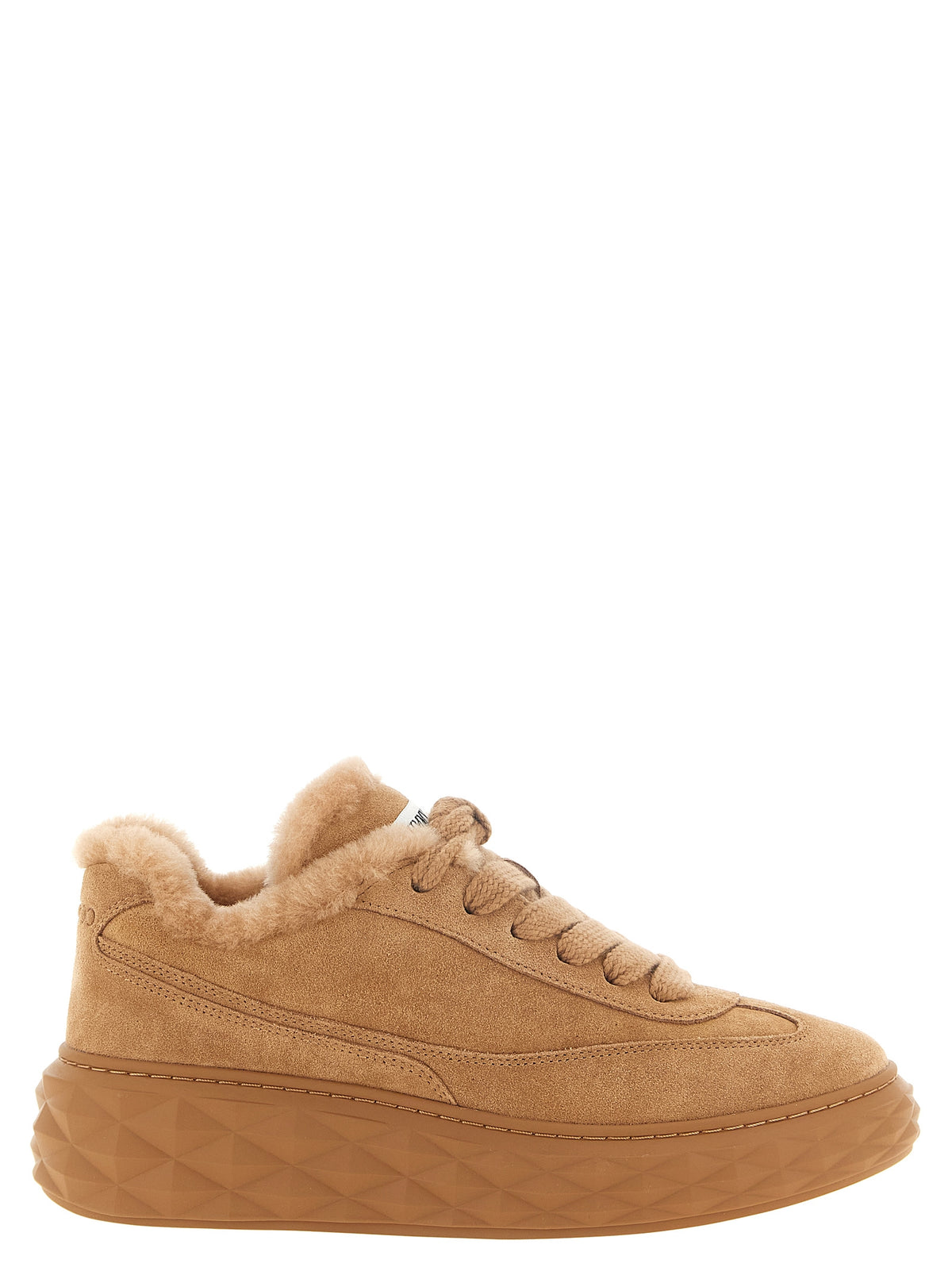 Experience the epitome of luxury with Jimmy Choo's Diamond Maxi Retro sneakers, crafted from sumptuous beige suede and shearling, redefining modern elegance.