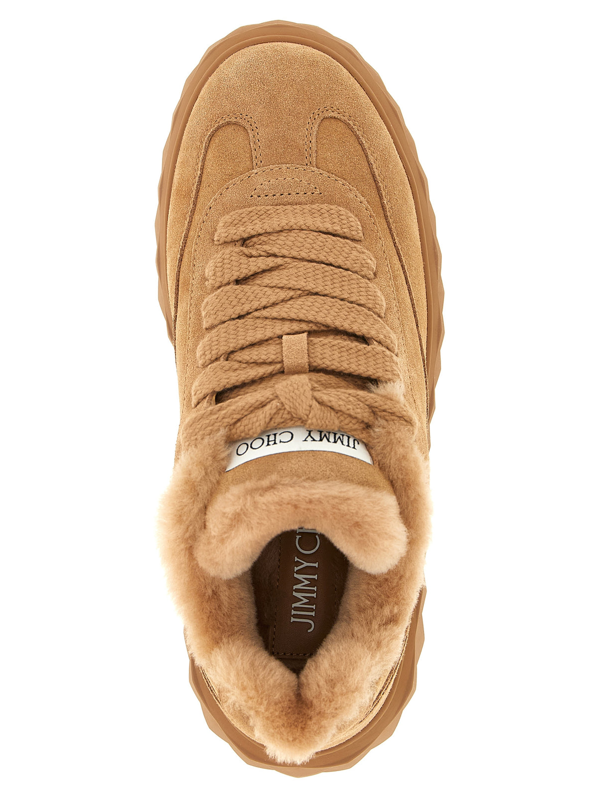 Elevate your style with Jimmy Choo's Diamond Maxi Retro sneakers, crafted from sumptuous beige suede and plush shearling, embodying luxury and modern sophistication.