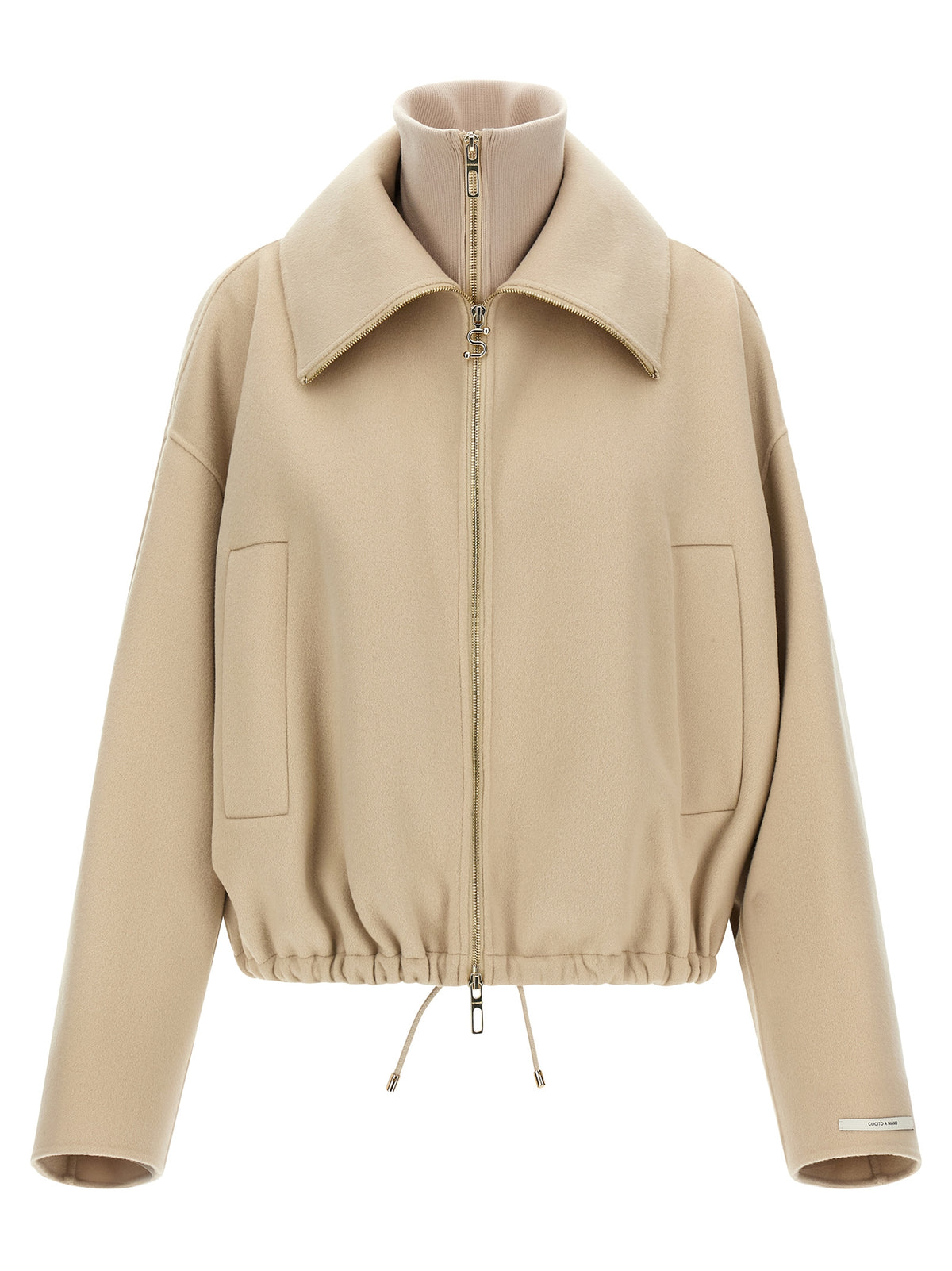 Indulge in the exquisite Sportmax Beige Wool Bomber, a luxurious blend of pure virgin wool and innovative design, perfect for the discerning fashion connoisseur.
