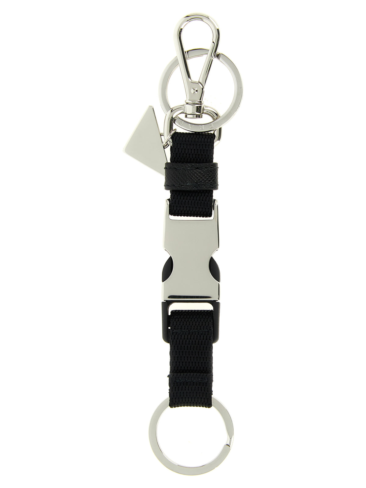 Elevate your accessory game with the Prada Black Stainless Steel Keychain, a fusion of Italian craftsmanship and bold design that embodies timeless luxury and sophistication.