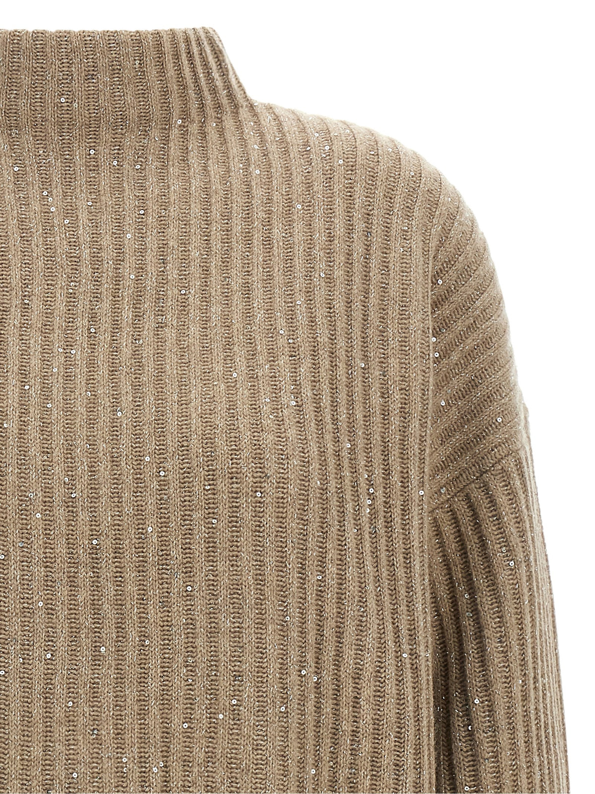 Elevate your style with the Brunello Cucinelli Beige Cashmere Cardigan, a luxurious blend of cashmere and wool, adorned with shimmering micro-sequins for an exquisite touch.
