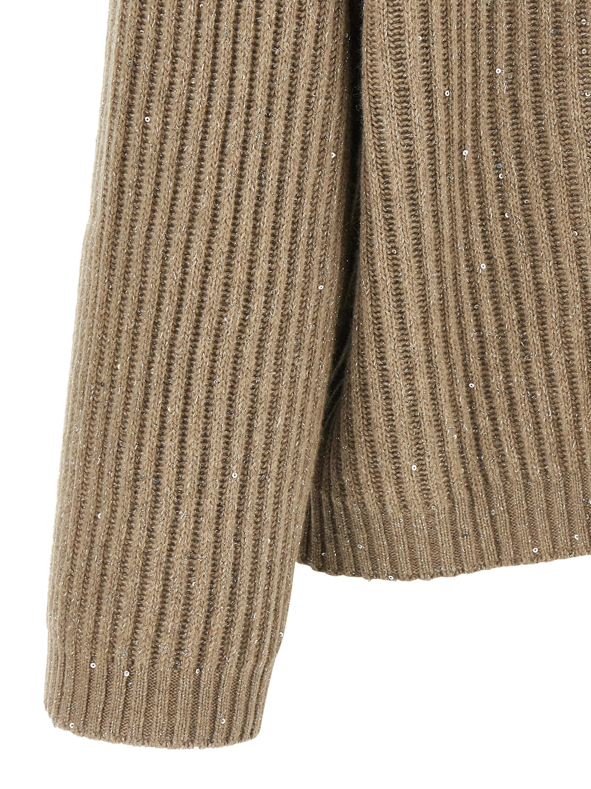 Elevate your wardrobe with Brunello Cucinelli's Beige Cashmere Cardigan, a masterpiece of luxurious cashmere and wool, adorned with shimmering micro-sequins for timeless elegance.