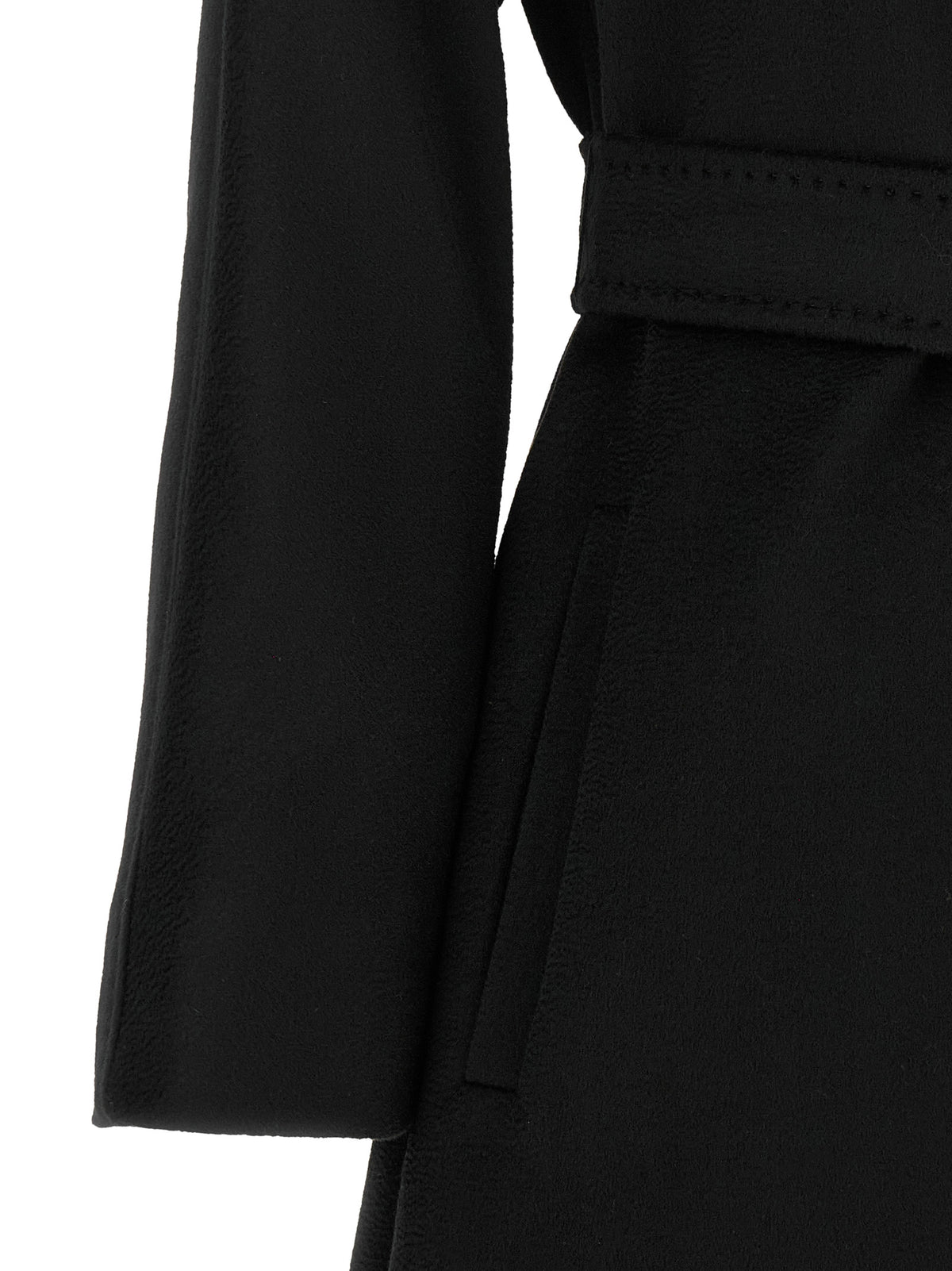 Indulge in the exquisite craftsmanship of the Max Mara Ravenna Black Wool Coat, a timeless piece that elevates your style with its luxurious silhouette and refined details.