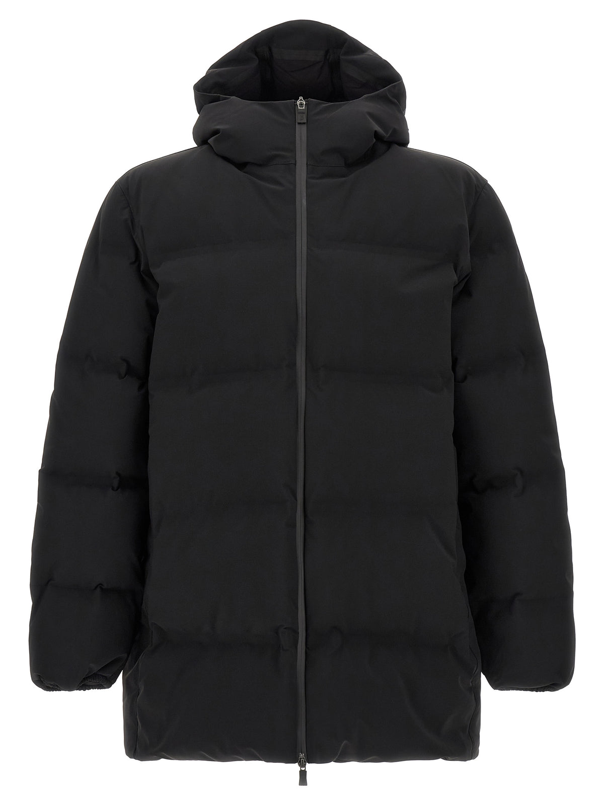 Experience the epitome of elegance with Herno's Black Polyamide Full-Length Jacket, crafted from luxurious matte 4-way stretch fabric, blending style and functionality seamlessly.