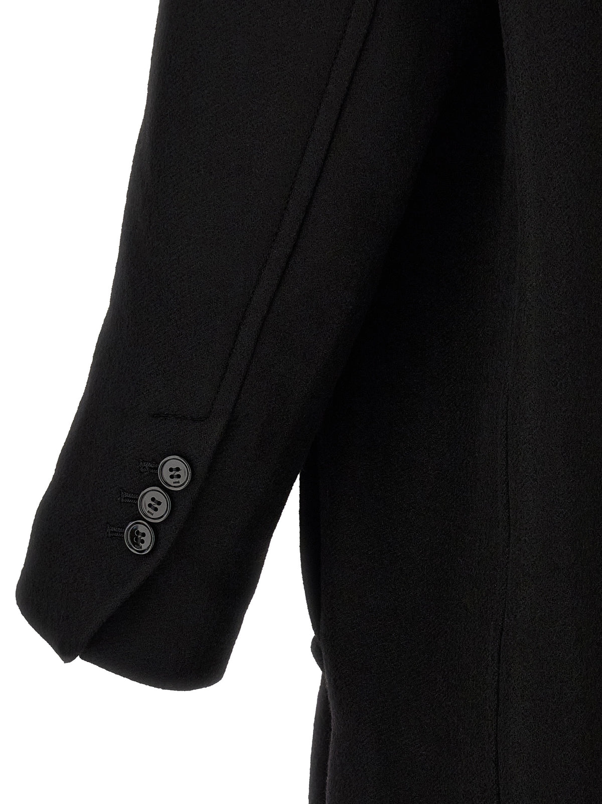 Experience the allure of the AMI PARIS Black Wool Coat, a masterpiece in boiled wool gabardine, embodying timeless sophistication and sartorial elegance for discerning tastes.