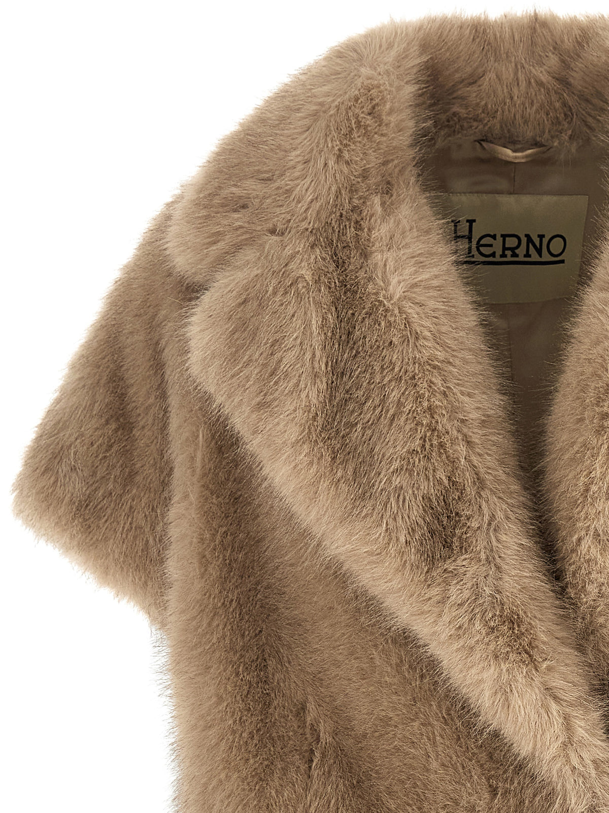Indulge in the opulence of Herno's Tocco short-sleeved coat, crafted from luxurious eco-fur in rich beige, blending elegance with sustainability for timeless sophistication.