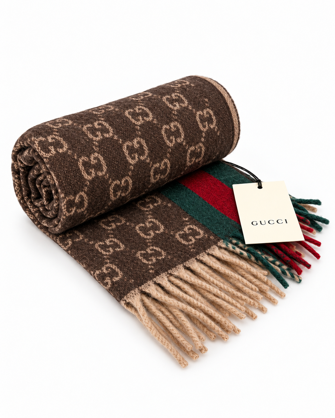 Indulge in the elegance of the Gucci Monogram Brown Cashmere & Wool Scarf, a timeless accessory that embodies luxury and sophistication for discerning individuals.