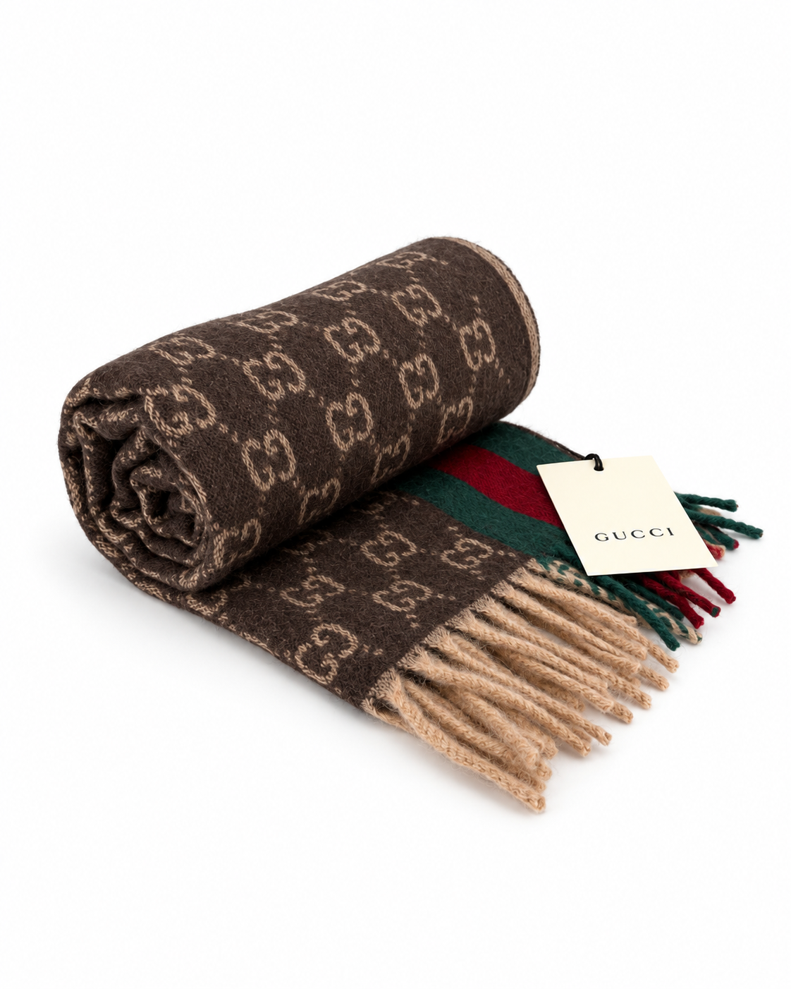 Indulge in the elegance of the Gucci Monogram Brown Cashmere & Wool Scarf, a luxurious blend of sophistication and warmth, perfect for the discerning individual.