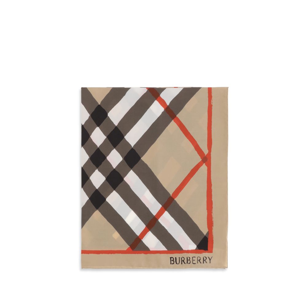 Indulge in the exquisite allure of the Burberry Beige Silk Scarf, where soft silk poplin meets a captivating watercolour Check design, embodying timeless elegance and luxury.