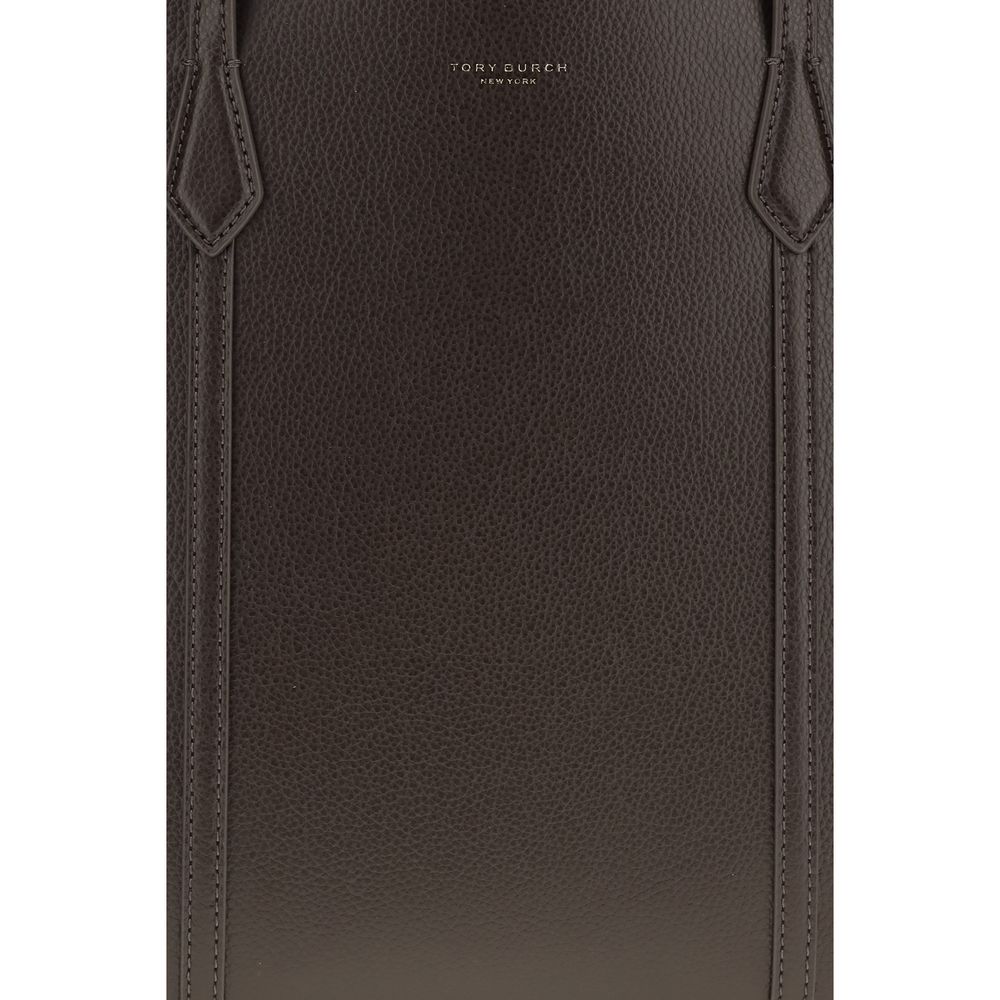 Elevate your style with the Tory Burch Brown Calf Leather Bos Taurus Handbag, a sophisticated blend of luxury and practicality, perfect for the discerning individual.