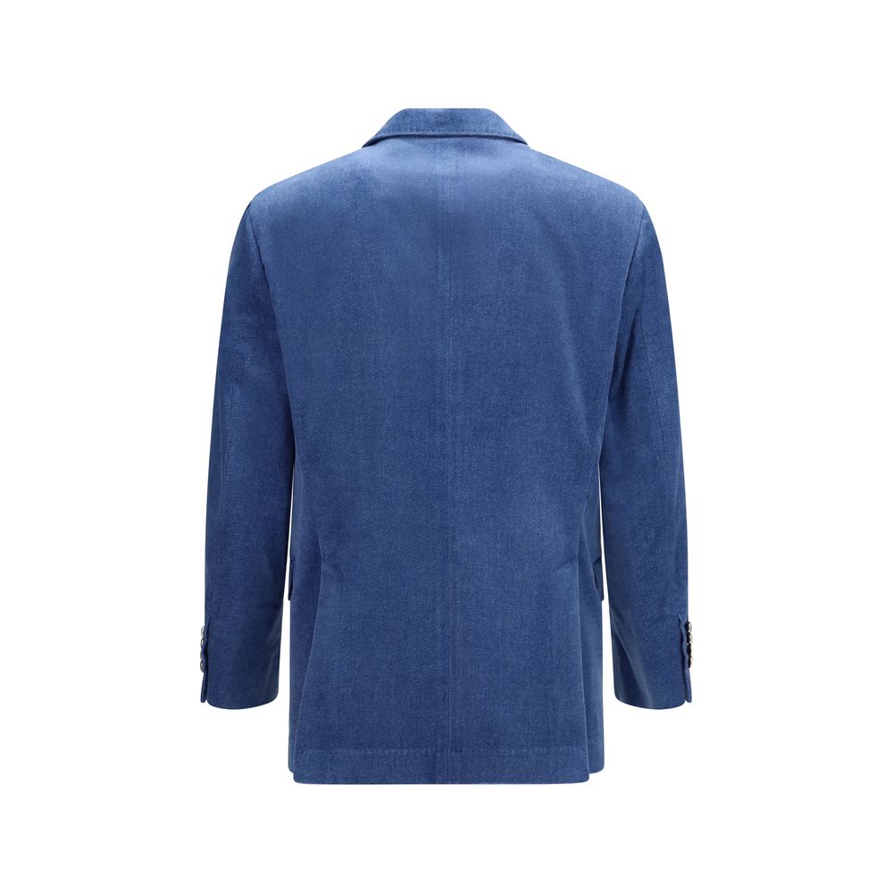 Indulge in the exquisite craftsmanship of the Brunello Cucinelli Blue Cotton Blazer, a luxurious blend of soft cotton velvet, tailored for the discerning individual.