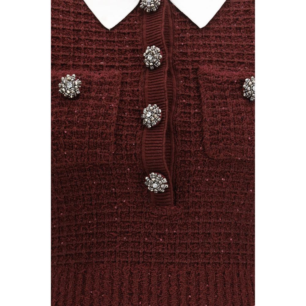 Indulge in the elegance of the Self-Portrait Bordeaux Polyester Casual Dress, where luxurious waffle knit meets exquisite crystal embellishments, redefining sophistication for the discerning individual.