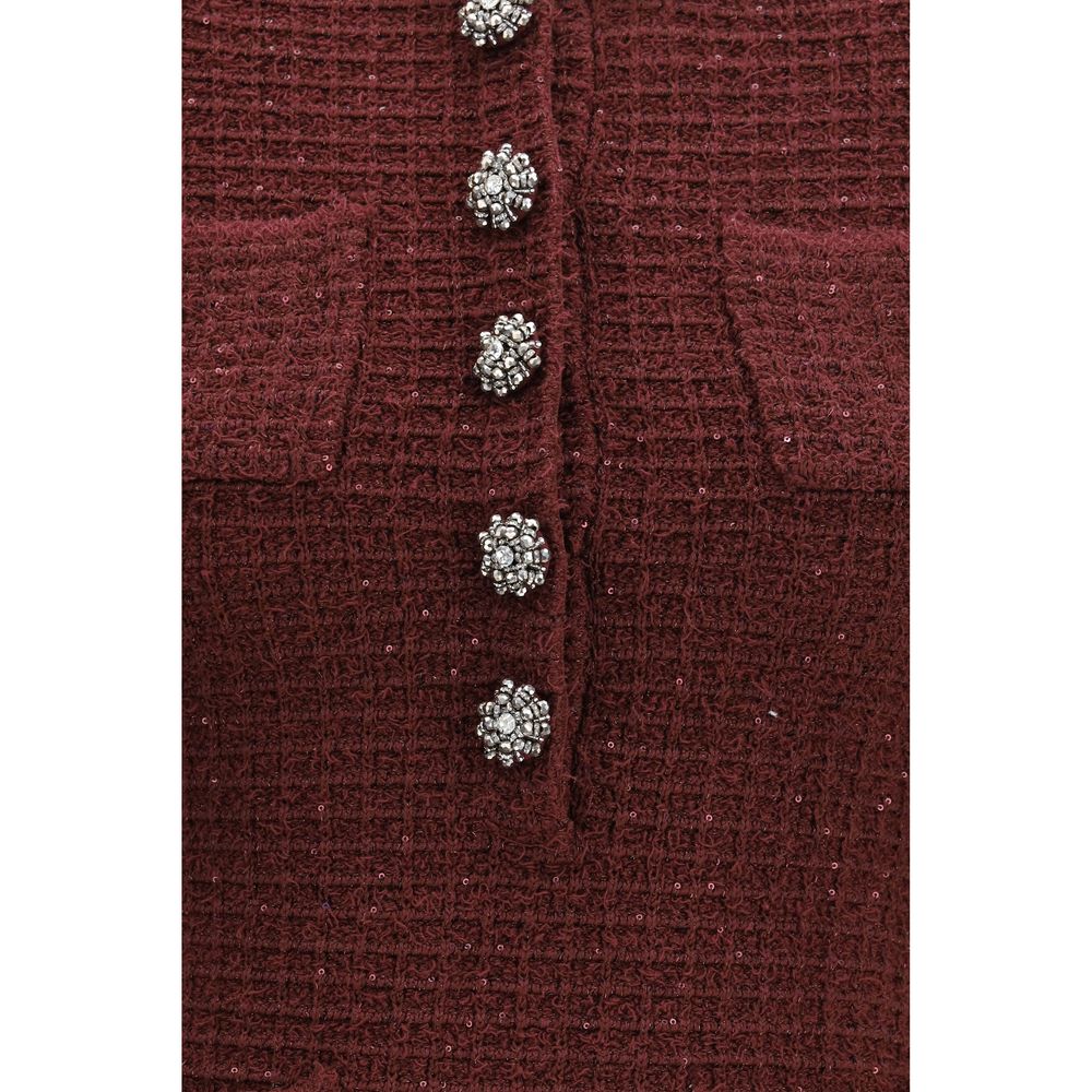 Indulge in the exquisite Self-Portrait Bordeaux Polyester Casual Dress, where textured knit meets shimmering beaded trims, embodying luxury and sophistication for any occasion.