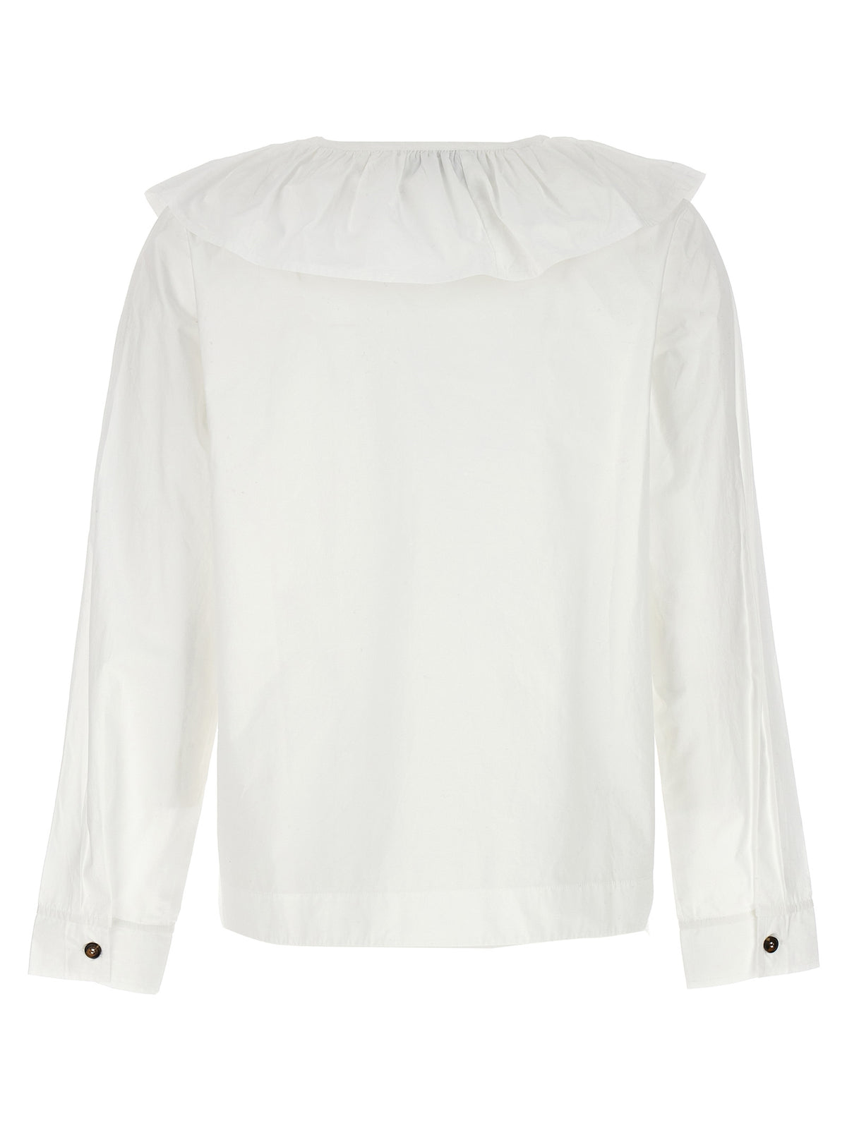 Elevate your wardrobe with the Ganni White Cotton Blouse, a masterpiece of elegance featuring playful lace-up detailing and ruffles, perfect for any occasion.