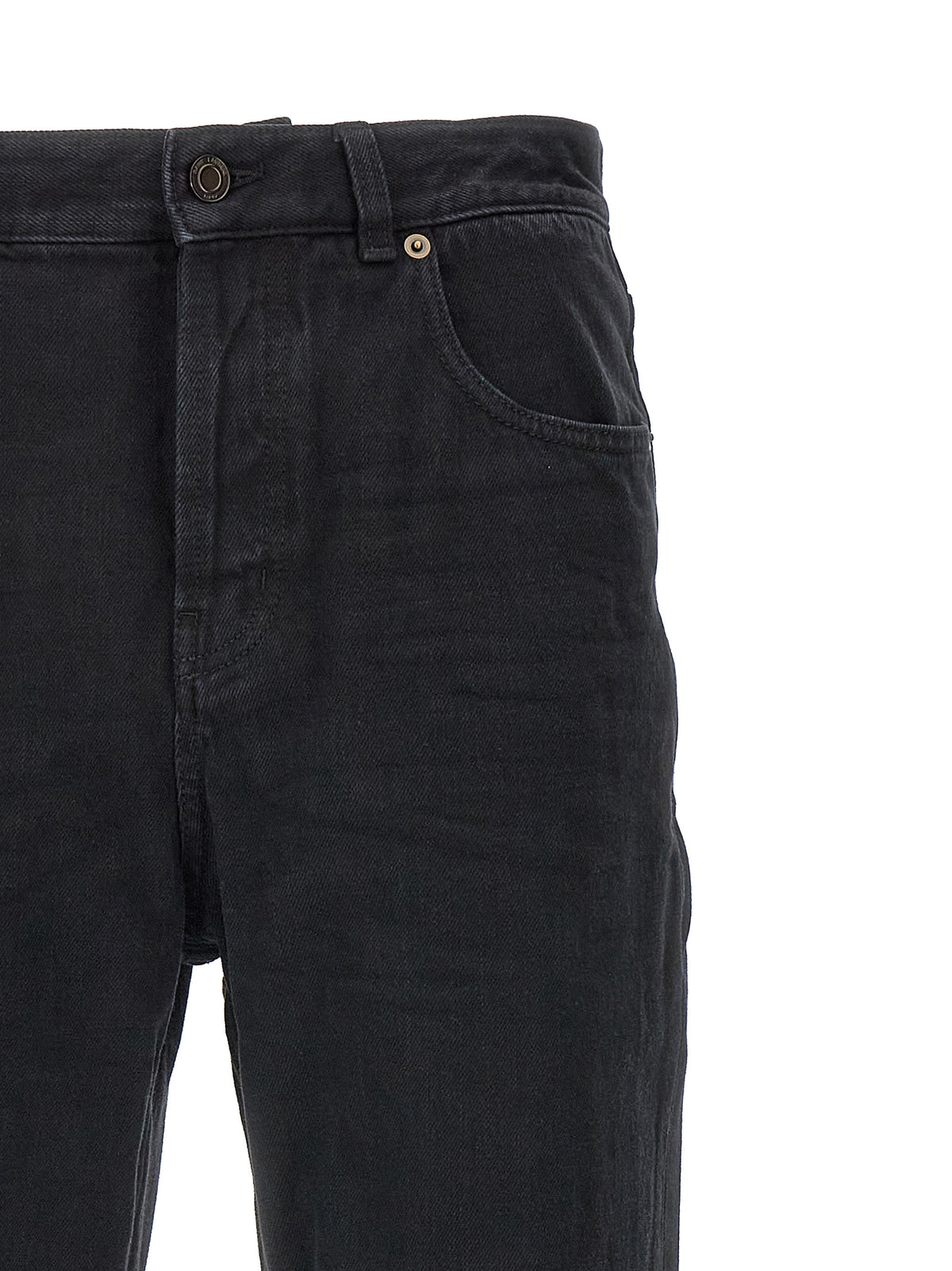Elevate your wardrobe with the Saint Laurent Black Cotton Straight-Leg Jeans, a timeless blend of Italian craftsmanship and chic sophistication for the discerning fashionista.