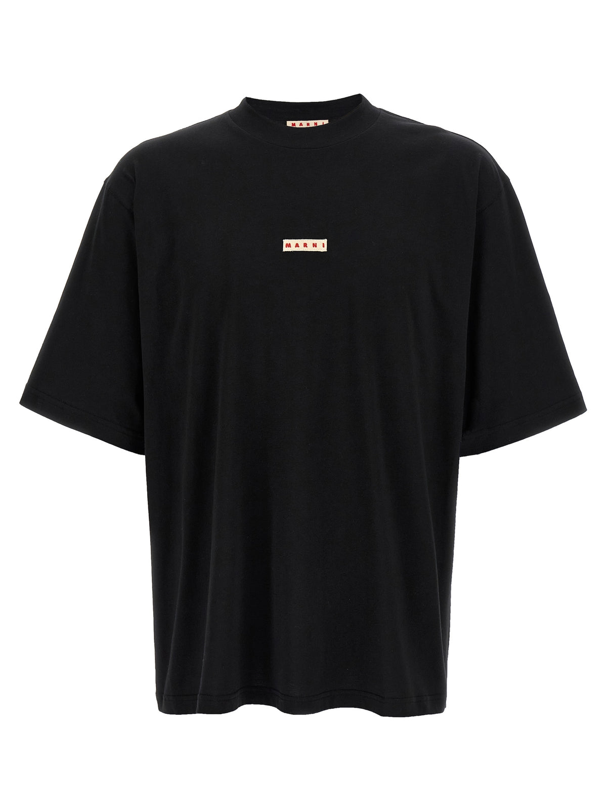 Elevate your wardrobe with the Marni Black Cotton T-Shirt, a bold statement piece featuring exquisite craftsmanship and a striking logo patch that defines luxury.