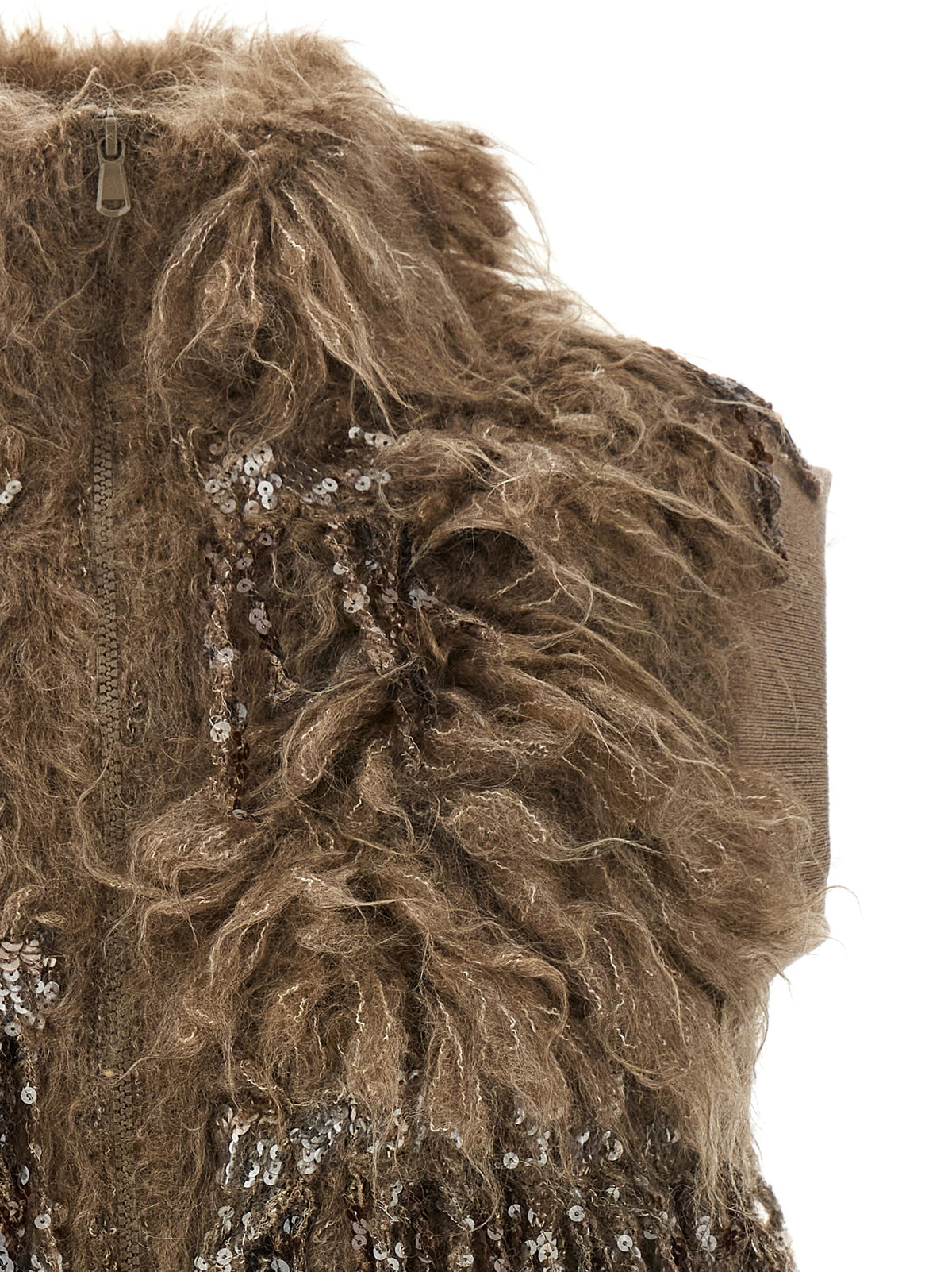 Indulge in the exquisite Brunello Cucinelli Brown Wool Sleeveless Jacket, a luxurious blend of mohair and wool, showcasing bold design and unparalleled craftsmanship for the discerning individual.