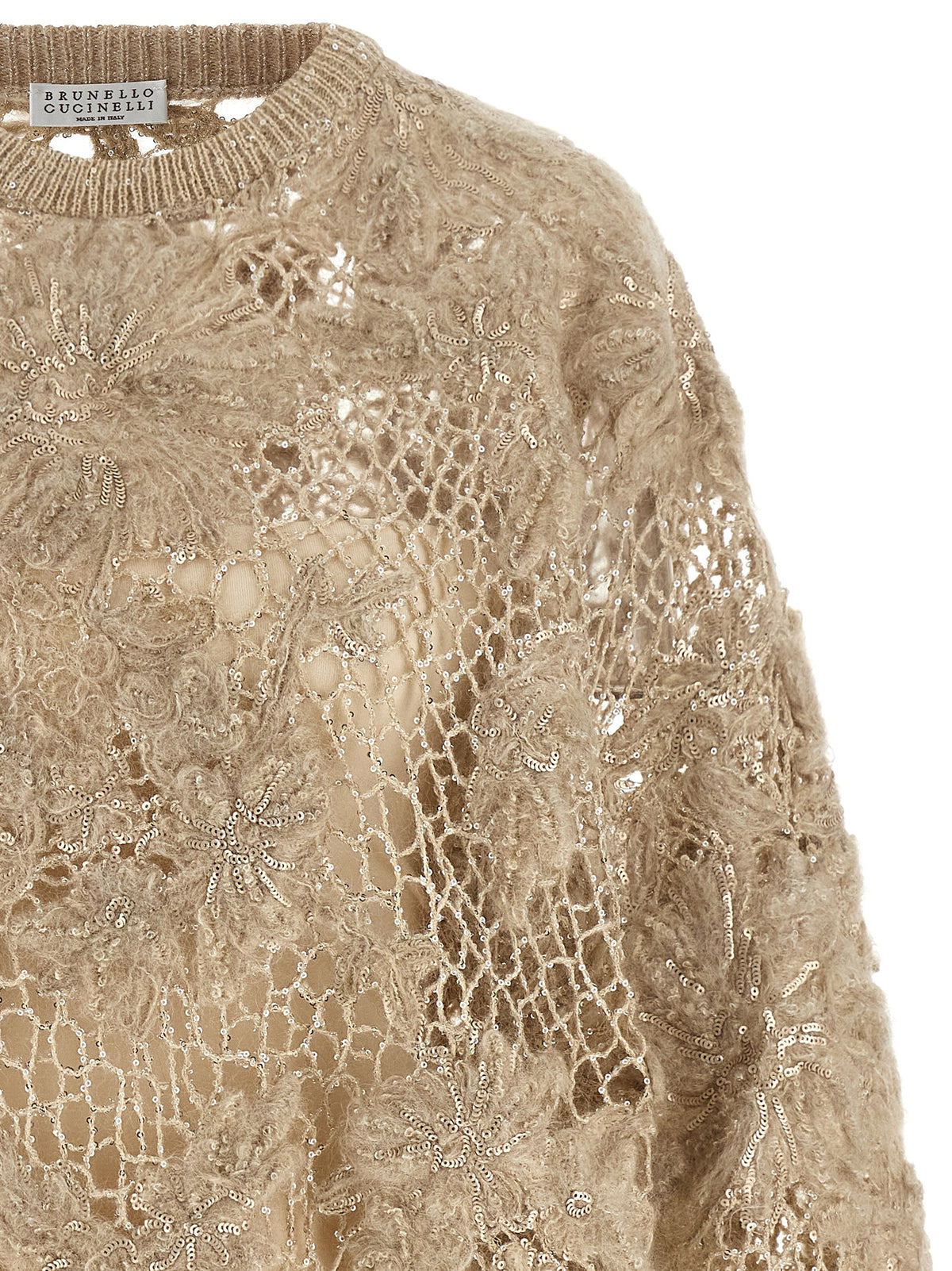 Indulge in the exquisite Brunello Cucinelli Beige Wool Cardigan, a luxurious blend of mohair and wool, adorned with delicate floral embroidery, perfect for the discerning fashion connoisseur.