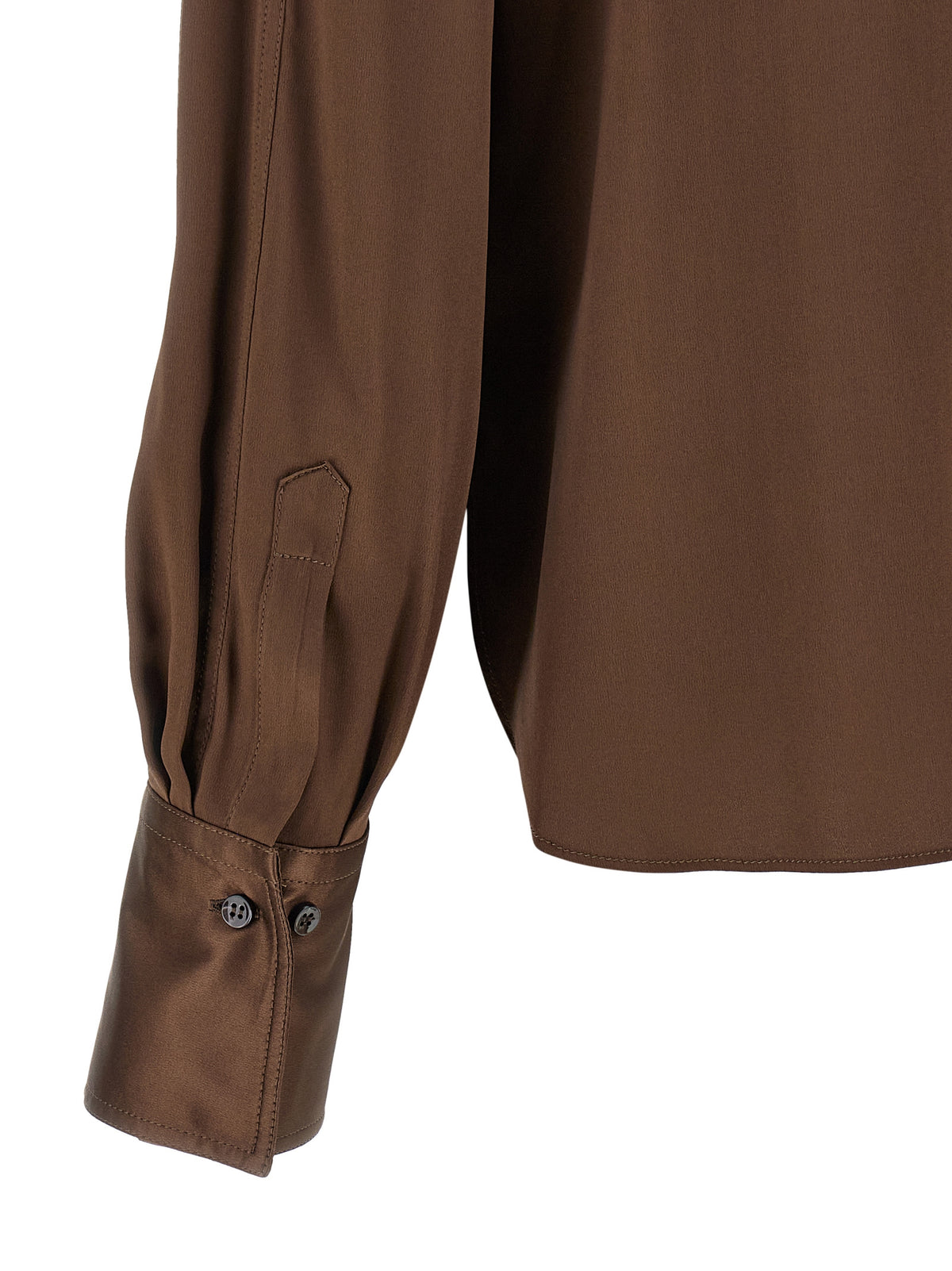 Indulge in the exquisite elegance of the Brunello Cucinelli Brown Silk Blouse, crafted from luxurious stretch silk satin, embodying sophistication and timeless allure.