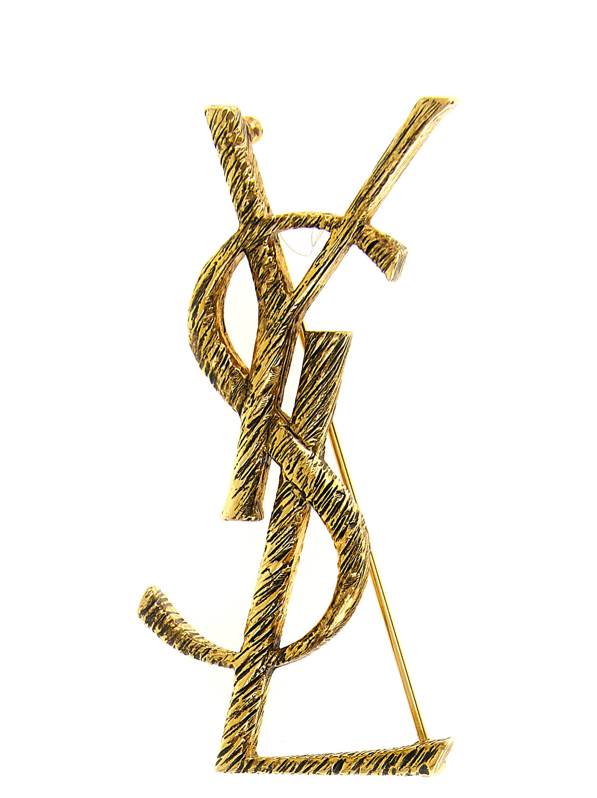 Discover the Saint Laurent Gold Brass Brooch, a testament to Parisian elegance and expert craftsmanship, designed to elevate any ensemble with timeless luxury.