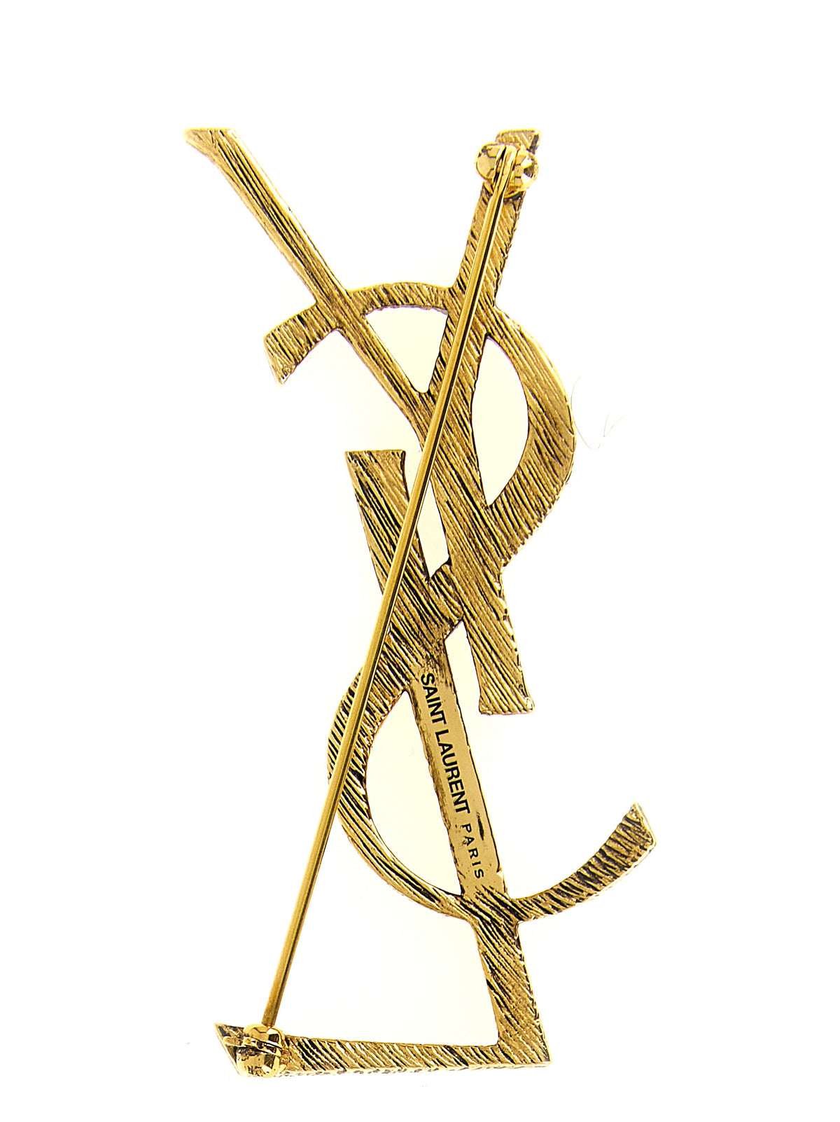 Experience the allure of the Saint Laurent Gold Brass Brooch, a testament to exquisite craftsmanship and Parisian elegance, perfect for those who appreciate timeless luxury.