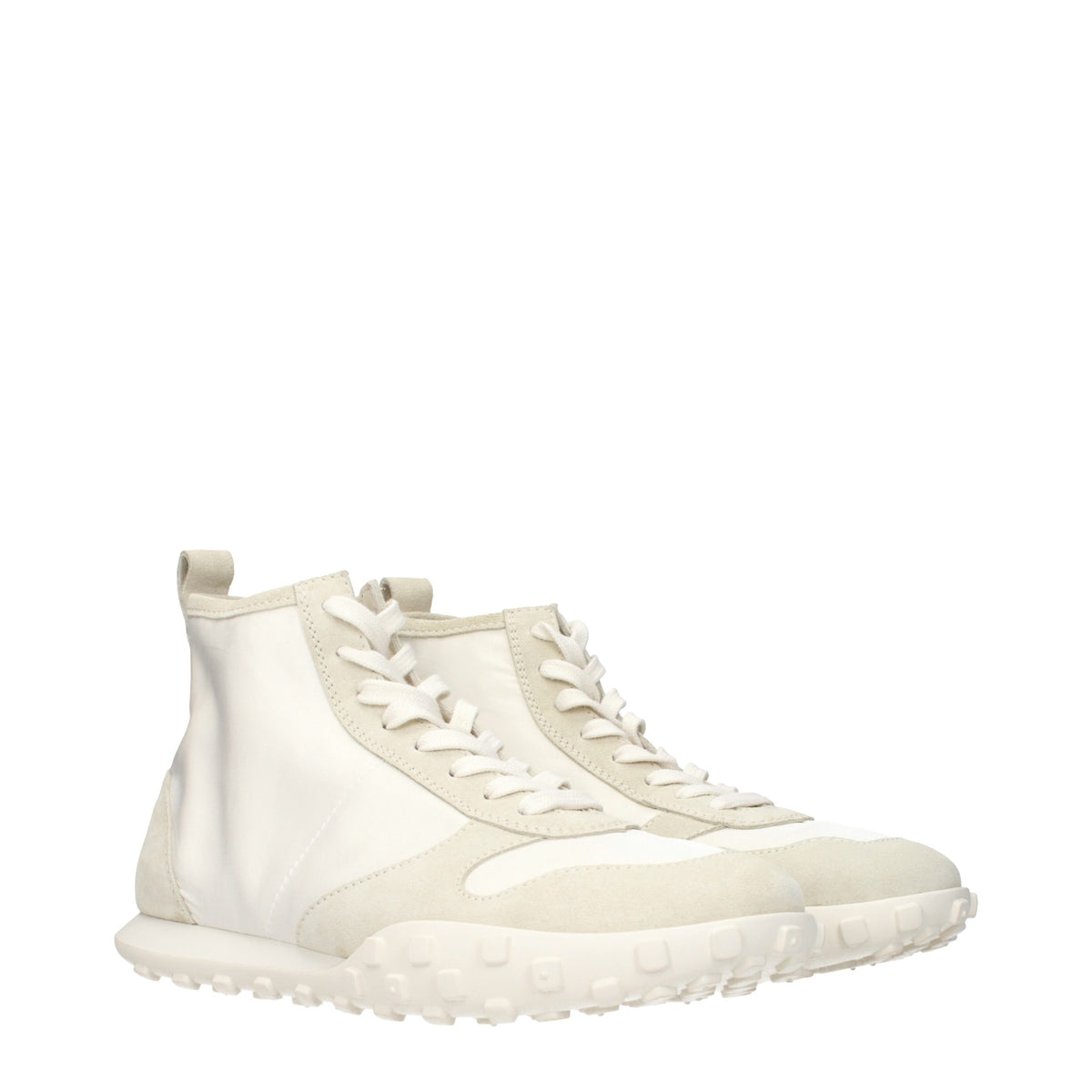 Indulge in the sophistication of Jil Sander White Fabric High Top Sneakers, where exquisite craftsmanship meets modern elegance for the discerning individual.