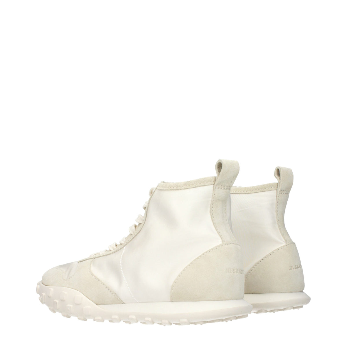 Experience the pinnacle of elegance with Jil Sander's White Fabric High Top Sneakers, where exquisite craftsmanship meets modern sophistication for the discerning individual.