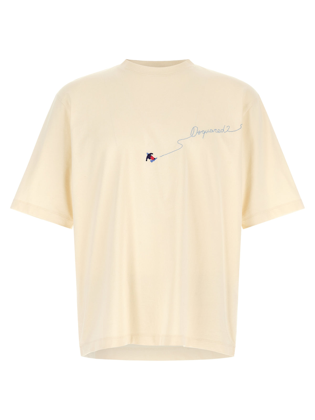 Elevate your wardrobe with the DSQUARED2 ‘Snowy Dream’ T-shirt, a luxurious cotton staple featuring exquisite embroidery and a sophisticated drape, perfect for the discerning individual.
