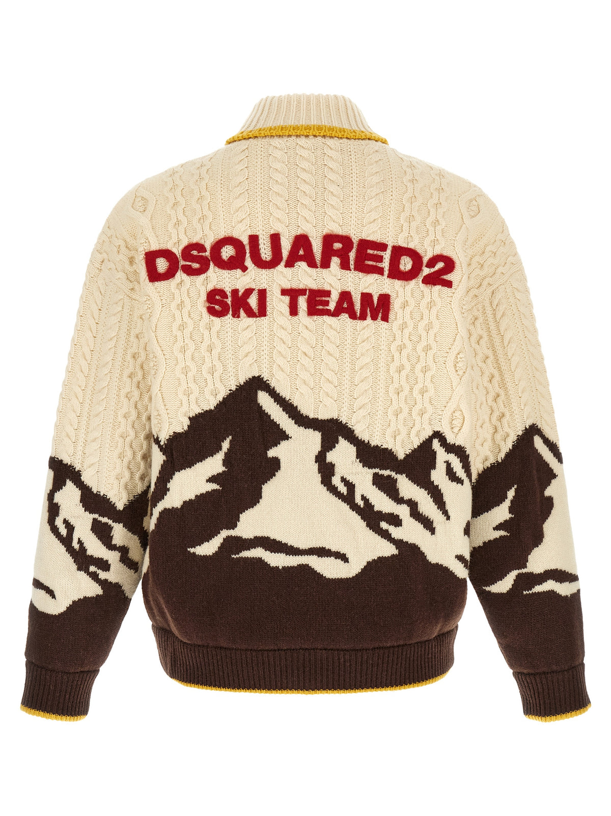 Indulge in the DSQUARED2 ‘Snowy Dream’ cardigan, a luxurious 100% wool masterpiece featuring intricate detailing and a striking mountain motif, perfect for après-ski elegance.