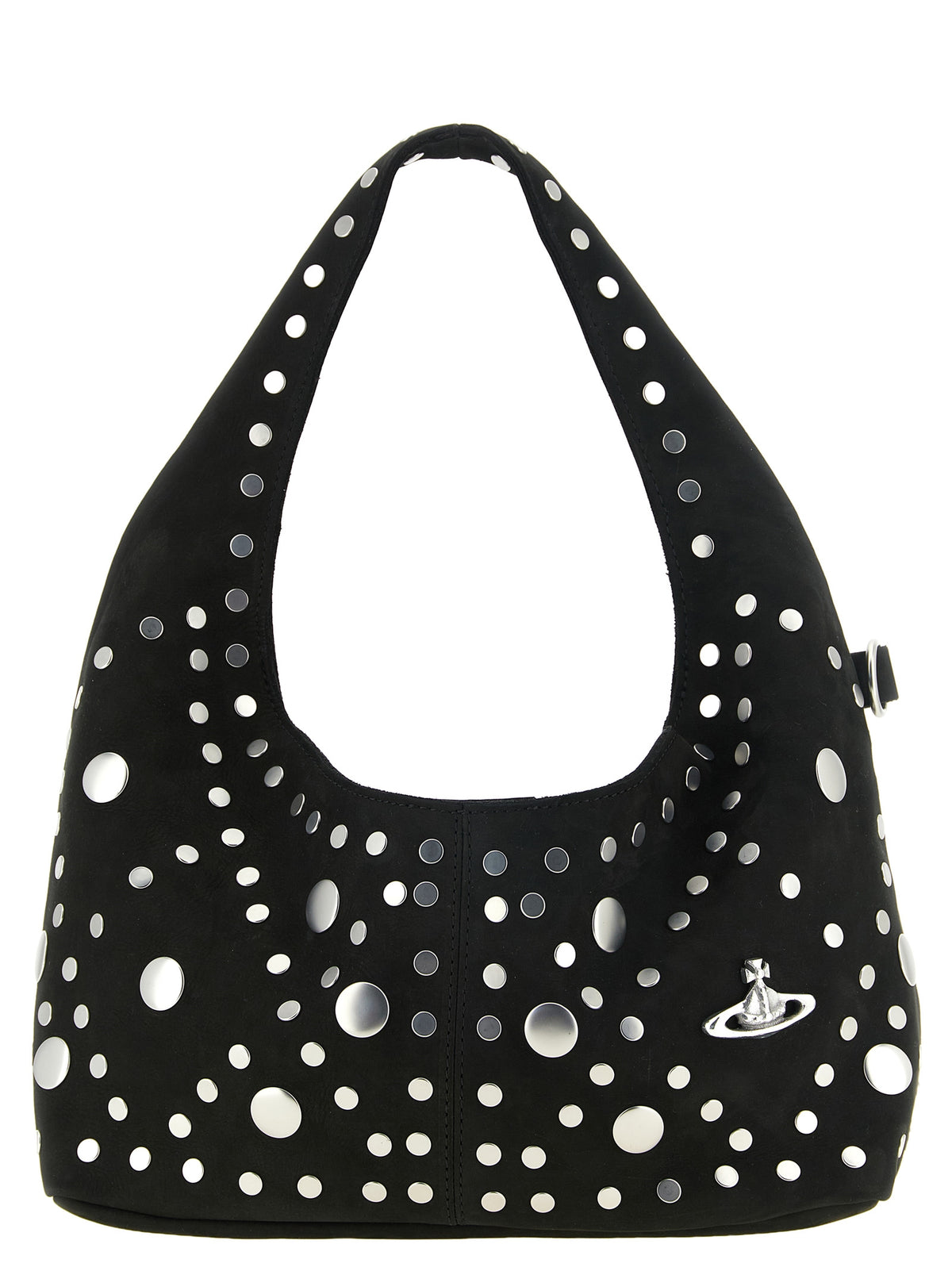 Indulge in the allure of the Vivienne Westwood ‘Ellie’ shoulder bag, a masterpiece of black cow leather adorned with striking silver studs, embodying bold elegance and timeless sophistication.