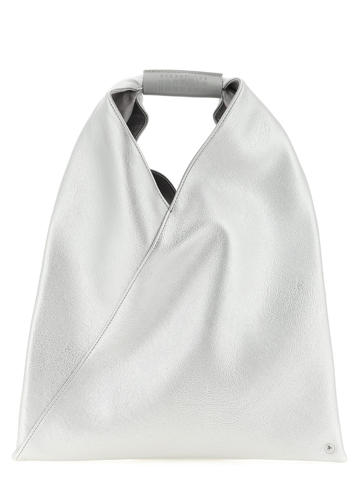 Elevate your style with the MM6 Maison Margiela Silver Polyethylene Handbag, a statement of luxury crafted in hammered laminated fabric, embodying sophistication and modern elegance.