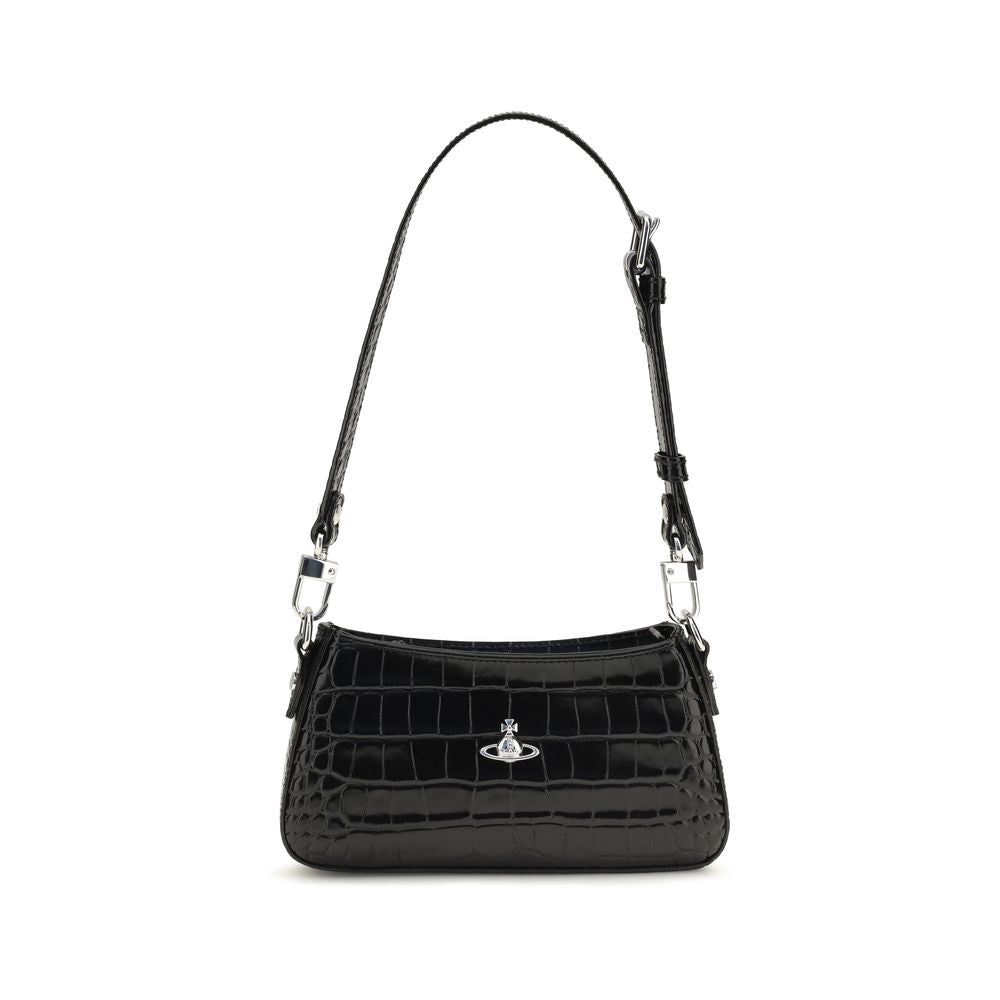 Discover the Vivienne Westwood Black Calf Leather Bos Taurus Shoulder Bag, a masterpiece of crocodile-effect leather, exuding timeless elegance and sophistication for the discerning individual.