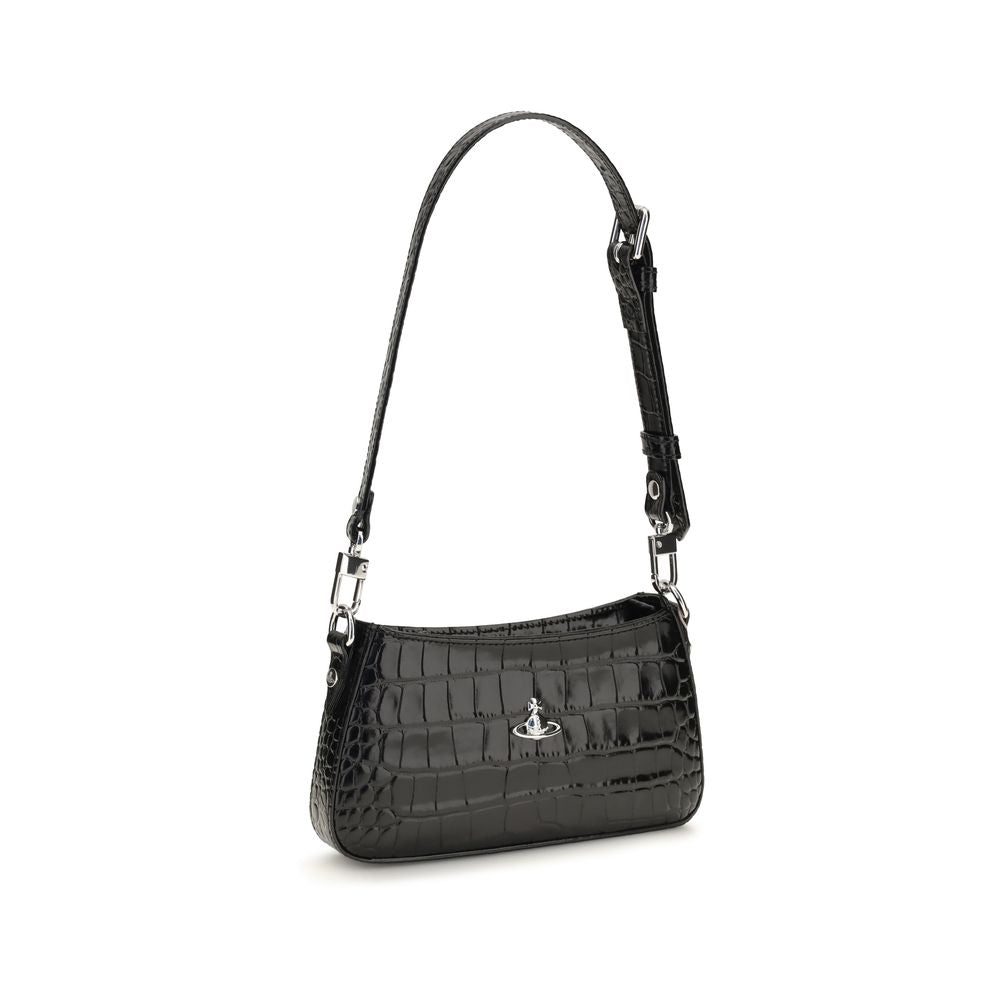 Discover the Vivienne Westwood Black Calf Leather Bos Taurus Shoulder Bag, a masterpiece of crocodile-effect embossed leather, embodying luxury and sophistication for the discerning individual.