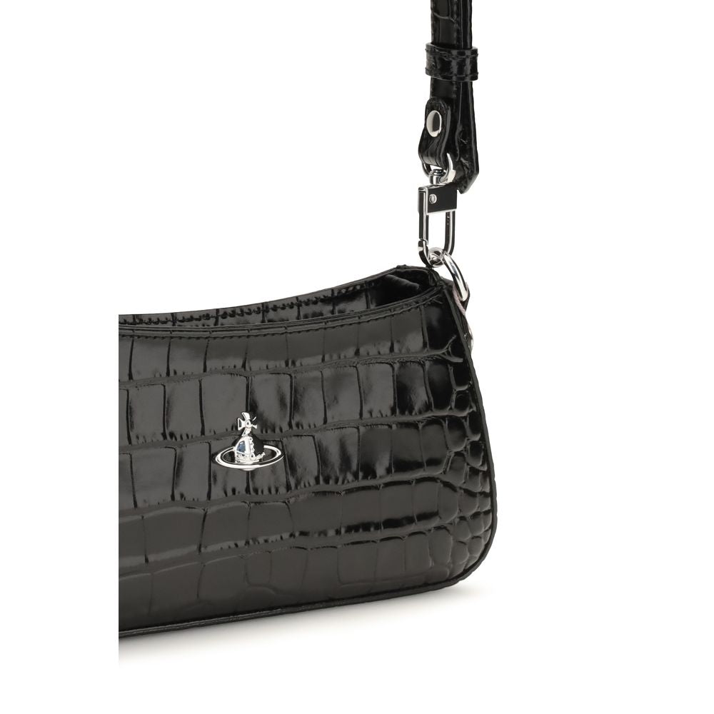 Discover the Vivienne Westwood Black Calf Leather Bos Taurus Shoulder Bag, a masterpiece of crocodile-effect leather, embodying luxury and sophistication for the discerning individual.