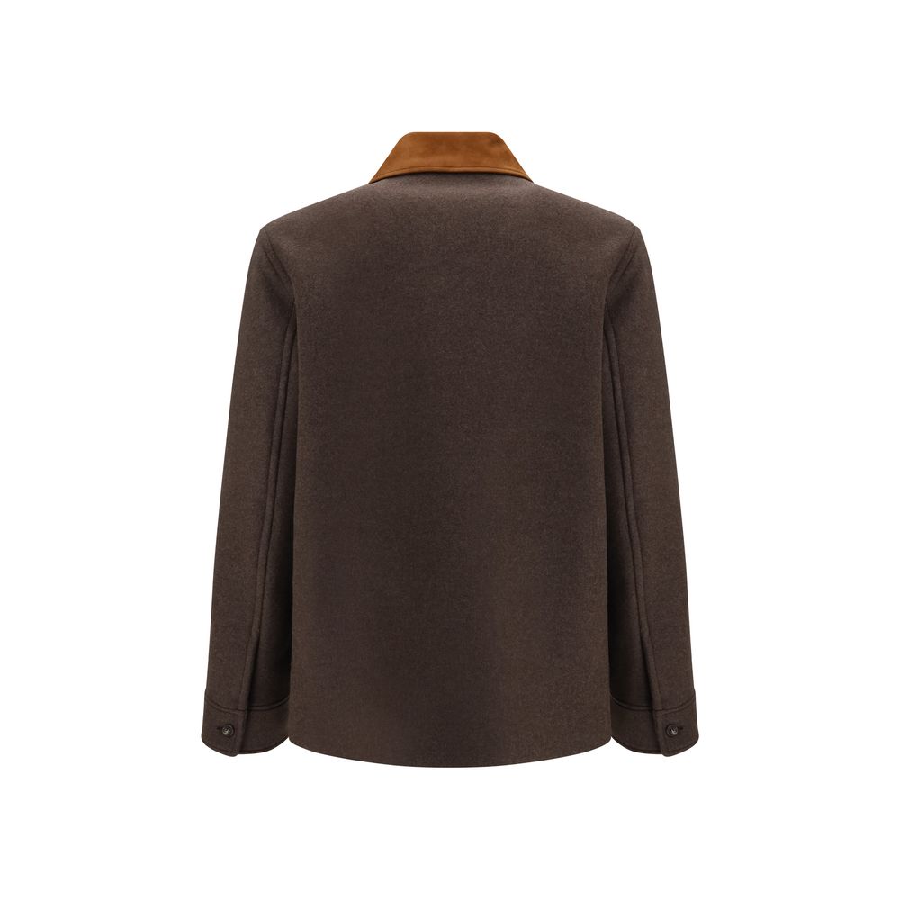 Indulge in the elegance of Valentino Garavani's Brown Wool Oves Aries Full-Length Jacket, crafted from luxurious Merino wool with a refined suede collar, epitomizing sophistication and timeless style.