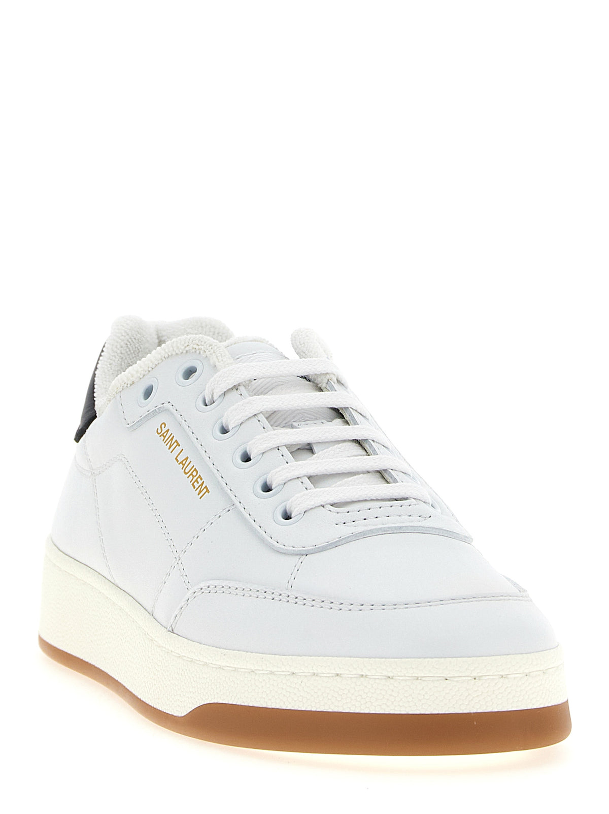 Step into elegance with Saint Laurent Bicolor Calfskin Low Top Sneakers, crafted from luxurious calfskin leather, embodying sophistication and timeless style.