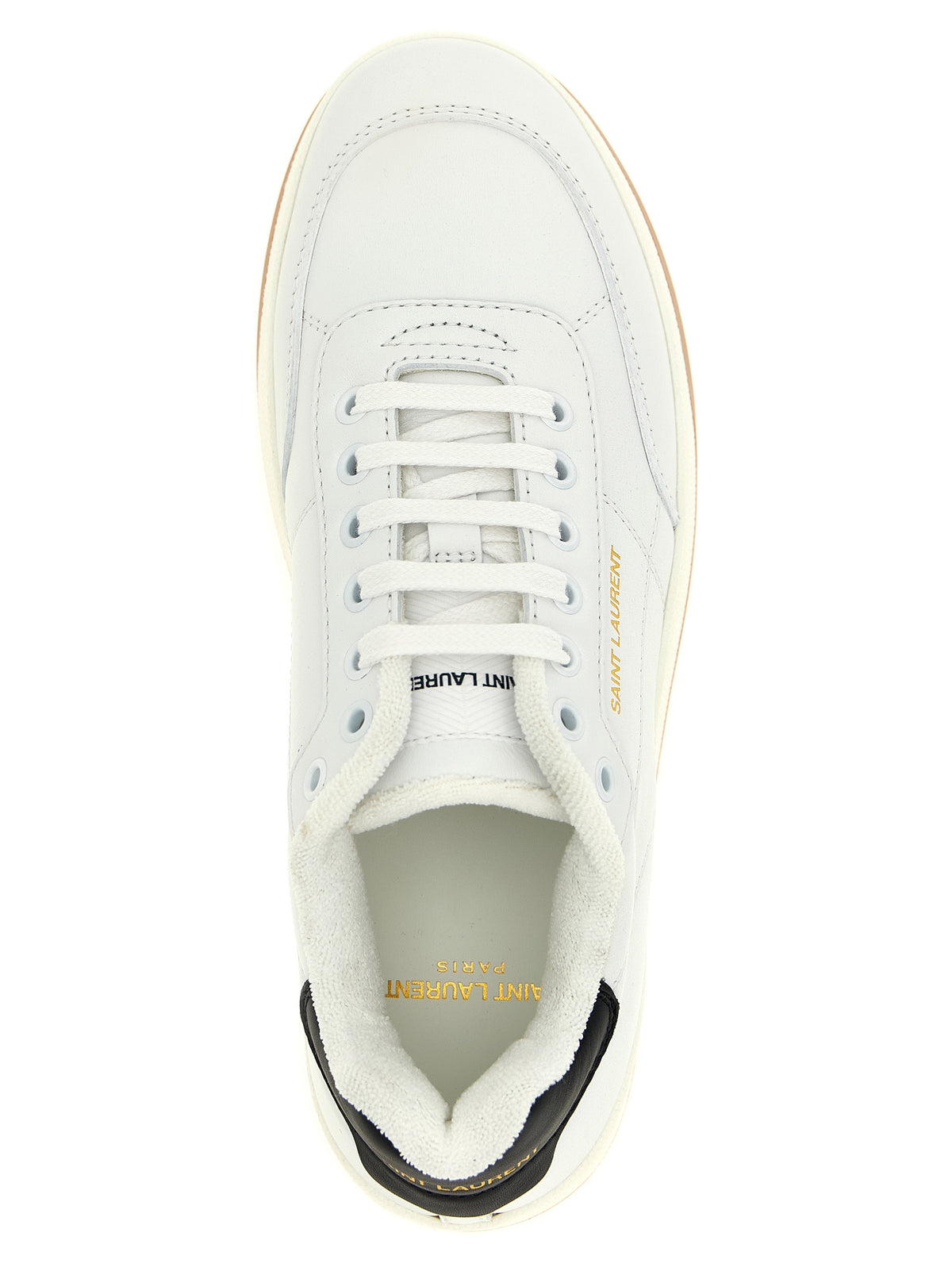 Step into elegance with Saint Laurent Bicolor Calfskin Low Top Sneakers, crafted in Italy from luxurious calfskin leather, embodying sophistication and timeless style.
