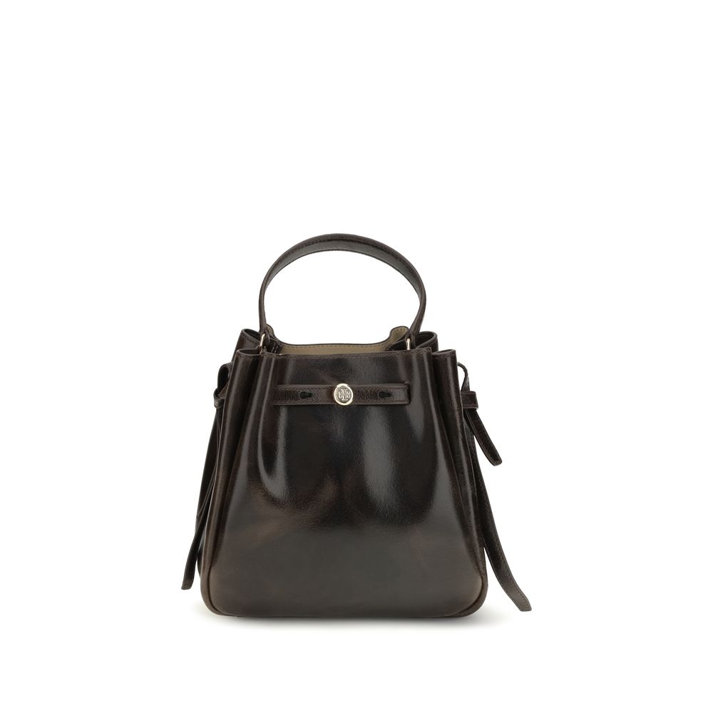 Indulge in the Tory Burch Brown Calf Leather Bos Taurus Backet Bag, a masterful blend of exquisite craftsmanship and timeless elegance, perfect for the discerning individual.