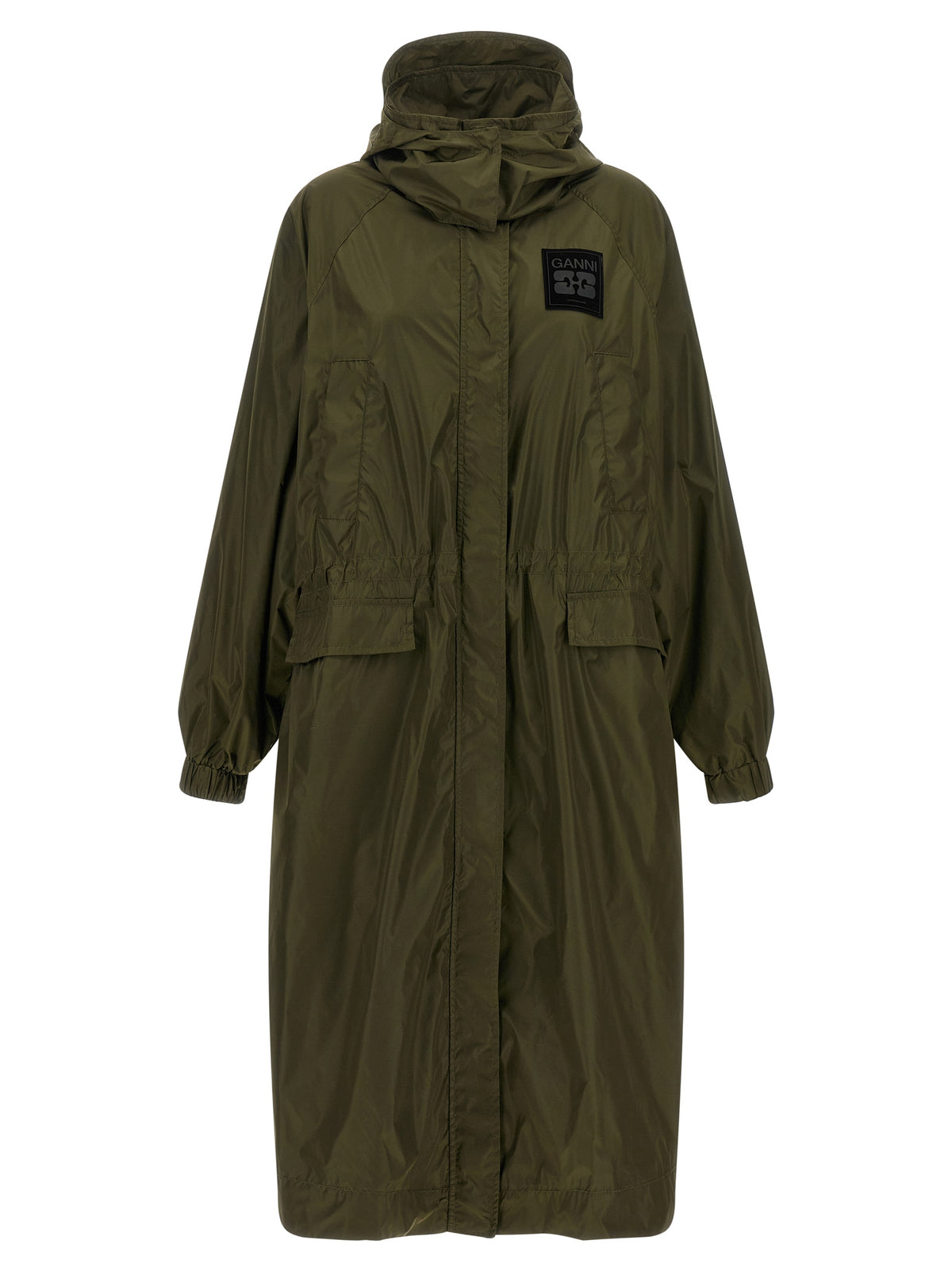 Elevate your style with the Ganni Bicolor Recycled Polyamide Coat, a sustainable luxury crafted from 100% recycled nylon, merging elegance and eco-conscious design for the discerning individual.