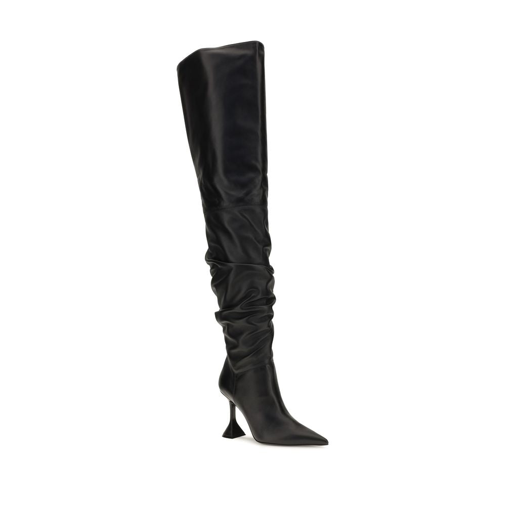 Experience the allure of Amina Muaddi's Black Calf Leather Over The Knee Boots, where exquisite craftsmanship meets sensual elegance, perfect for the discerning individual.