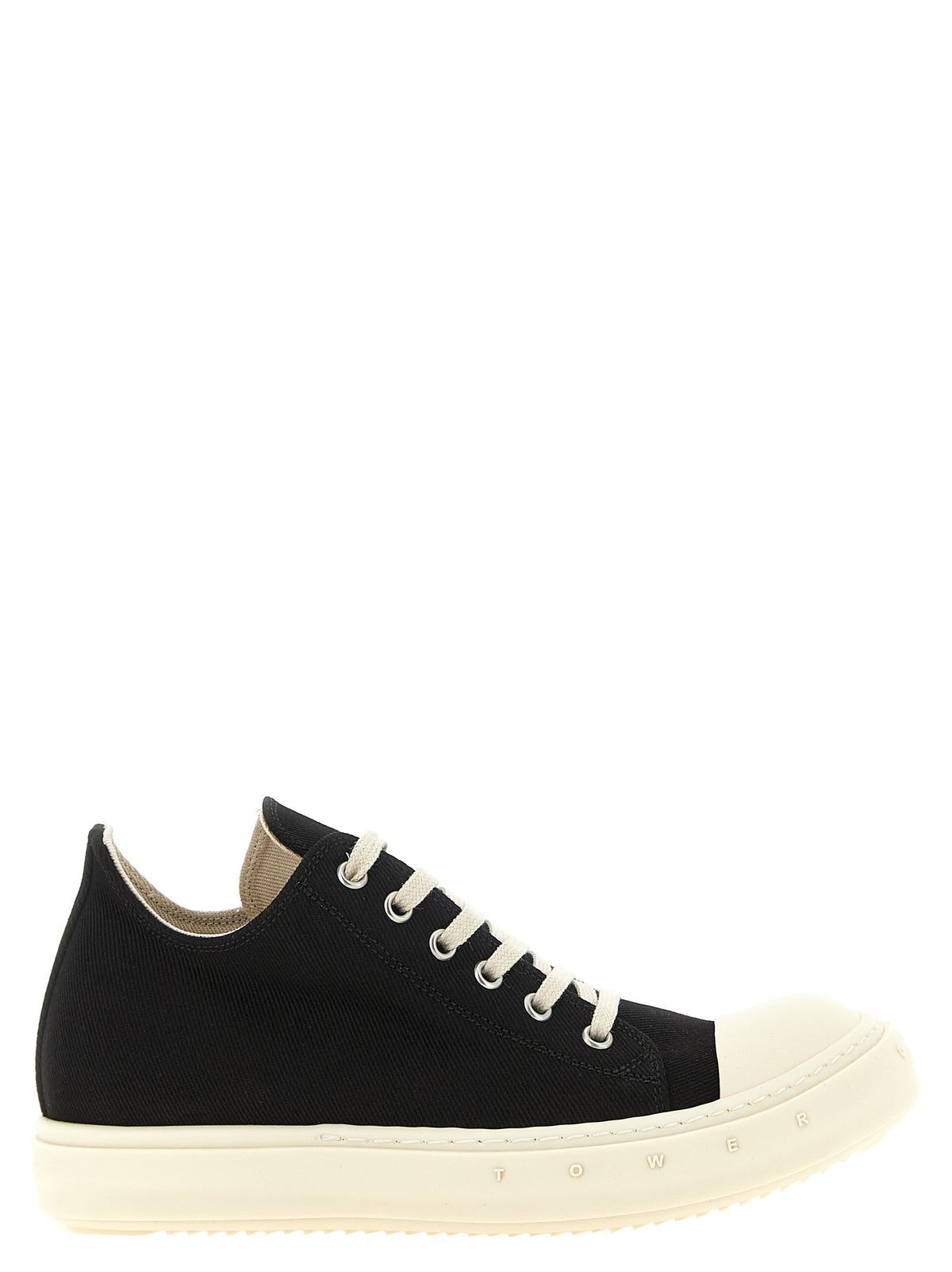Elevate your style with DRKSHDW Black Cotton Low Top Sneakers, where bold design meets exquisite craftsmanship, perfect for the discerning fashion connoisseur.